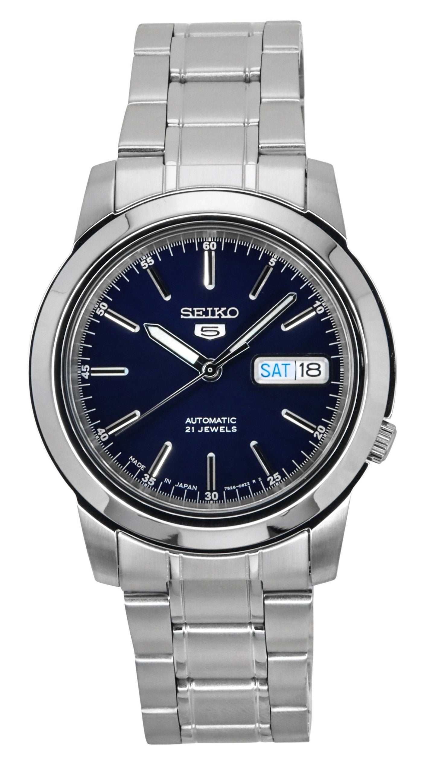 Seiko 5 Automatic Japan Made SNKE51 SNKE51J Water Resistant. A brand-new Seiko watch featuring a Stainless steel strap. Angled view.