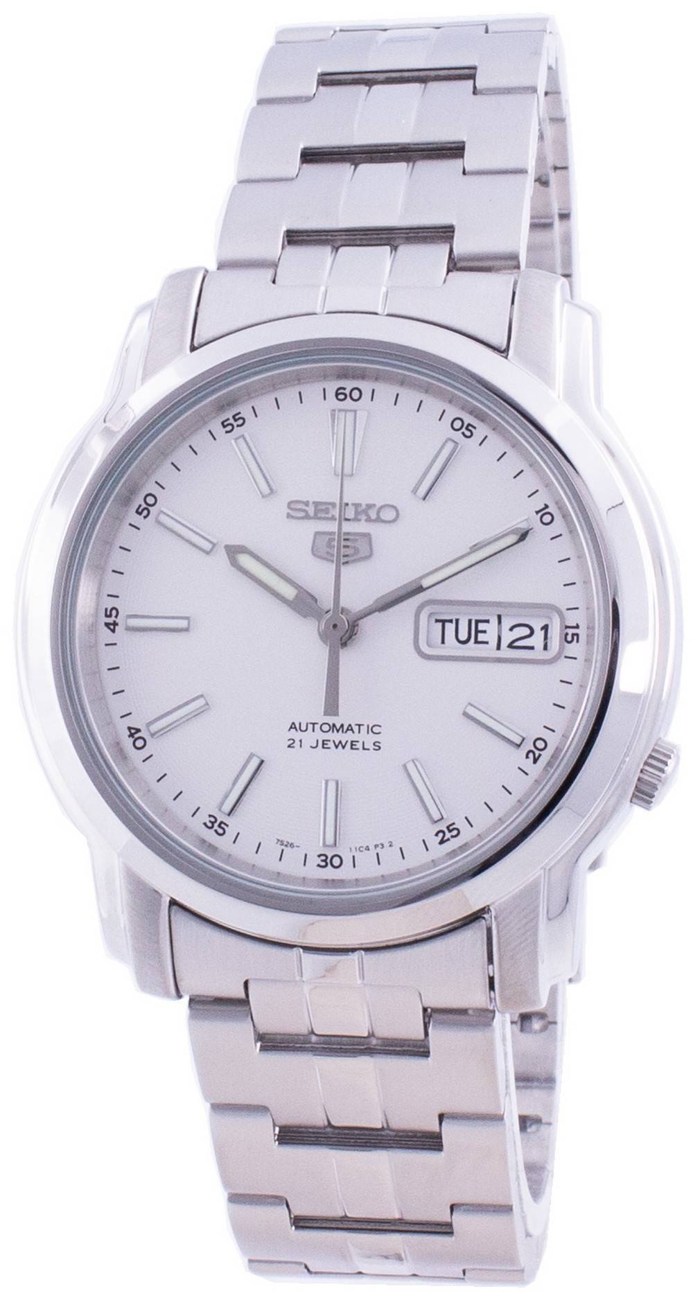 Seiko 5 Automatic White Dial SNKL75 SNKL75K Water Resistant. A brand-new Seiko watch featuring a White dial and a Stainless steel strap. Angled view.