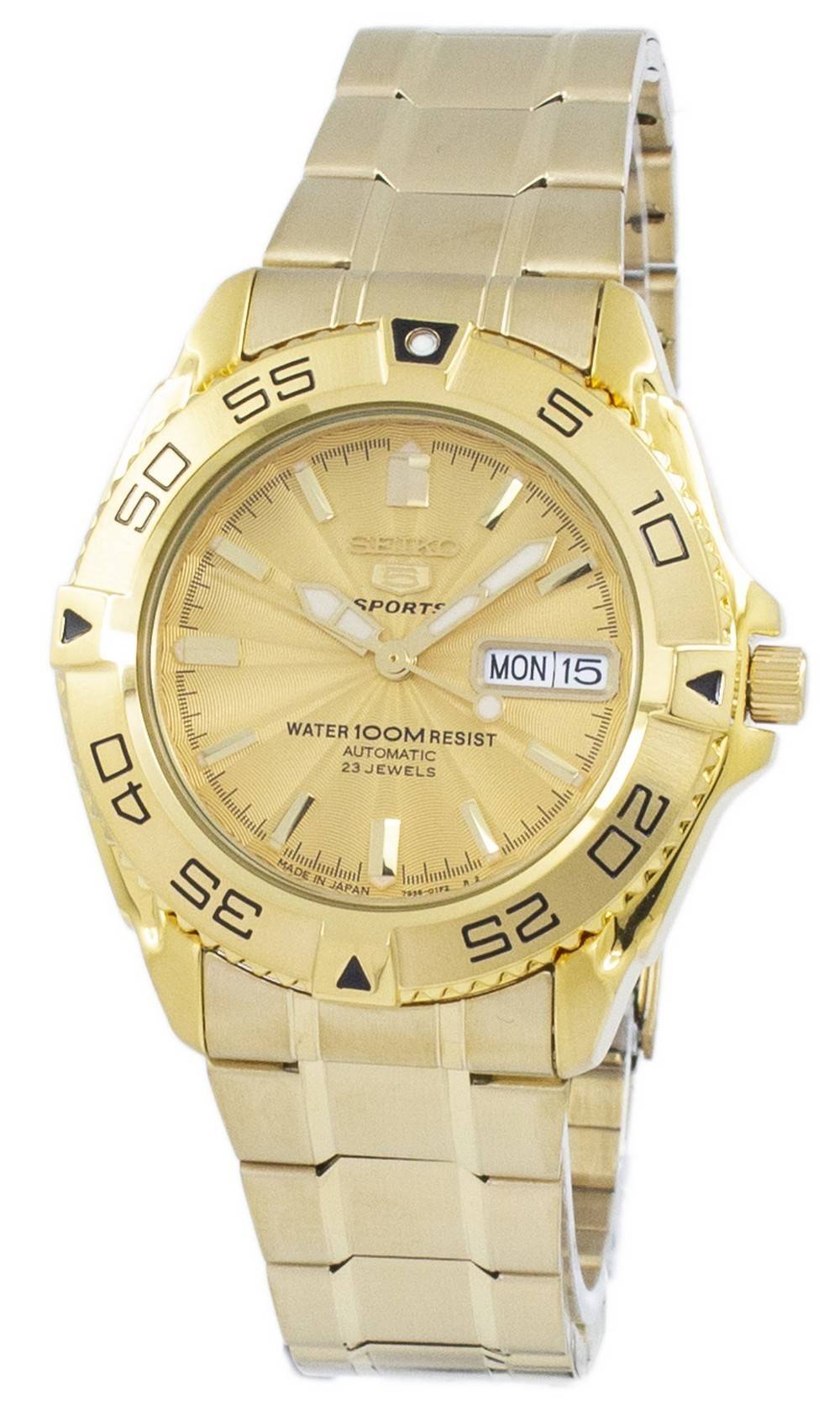 Seiko 5 Sports Automatic Japan Made SNZB26 SNZB26J. A brand-new Seiko 5 Sports watch featuring a Stainless steel strap. Side view.