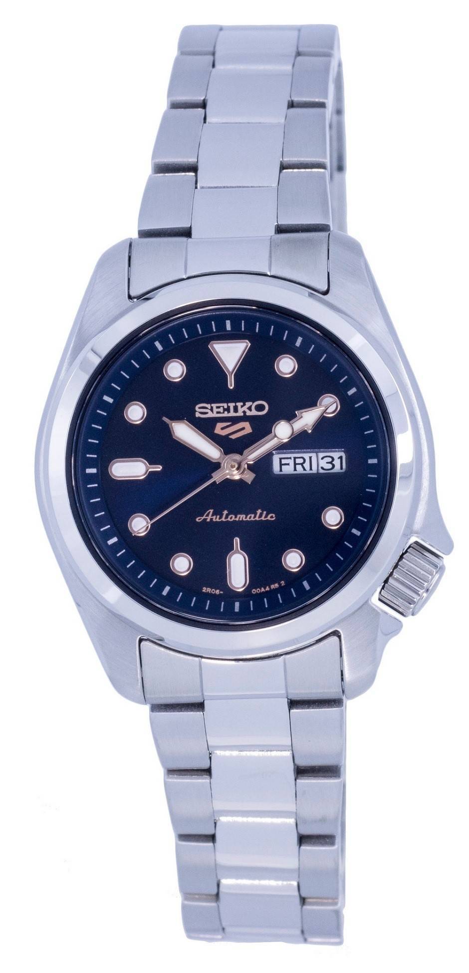 Seiko 5 Sports Automatic Stainless Steel Blue Dial SRE003. A brand-new Seiko 5 Sports watch featuring a Blue dial and a Stainless steel strap. Angled view.