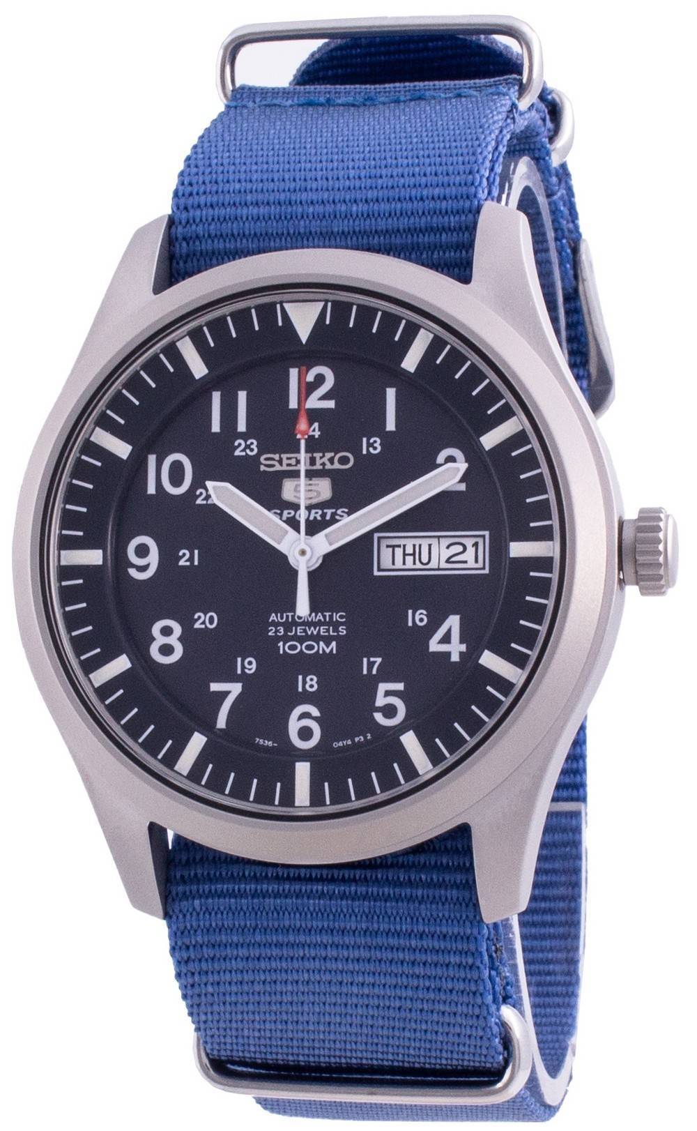 Seiko 5 Sports Blue Dial Automatic 100M Stainless Steel. A brand-new Seiko 5 Sports watch featuring a Blue dial and a Nylon strap. Front view.