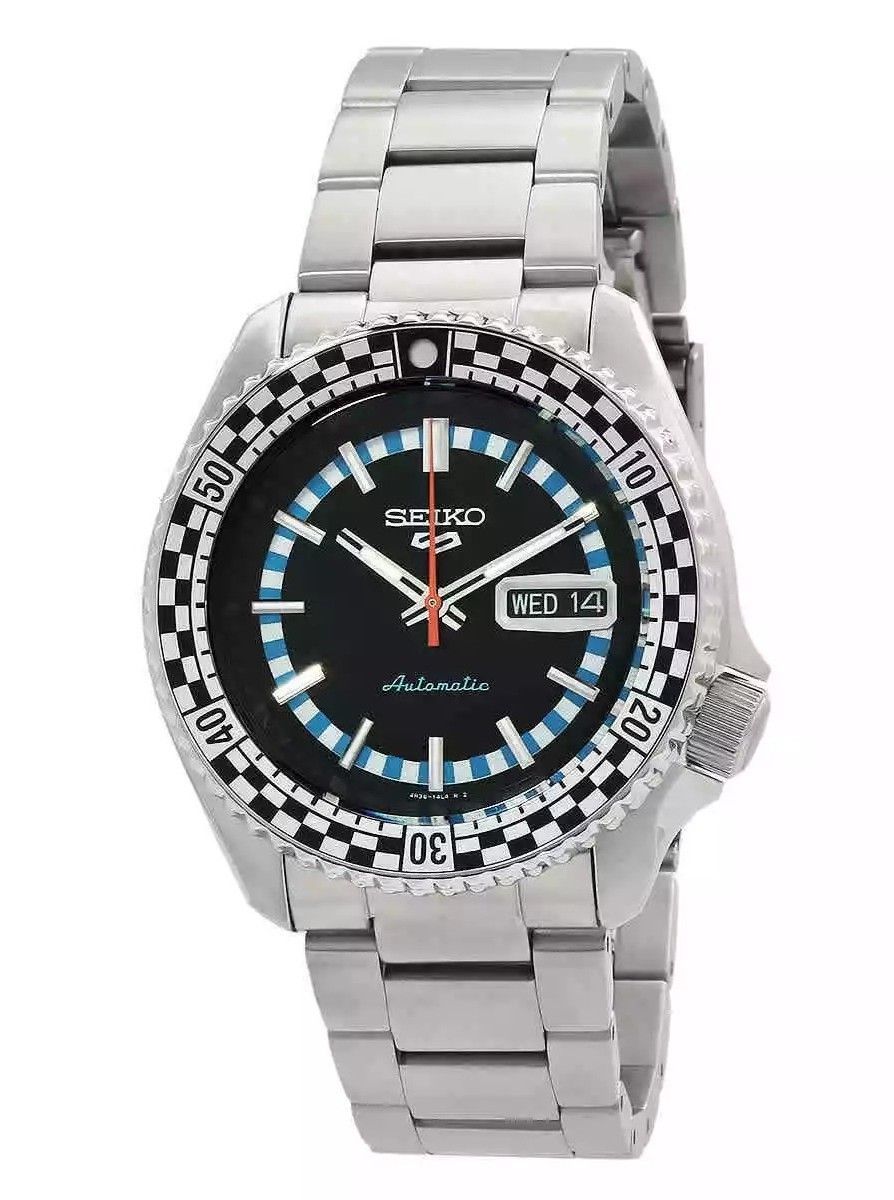Seiko 5 Sports SKX Series Checker Flag Special Edition. A brand-new Seiko 5 Sports watch featuring a Black and White dial. Front view.