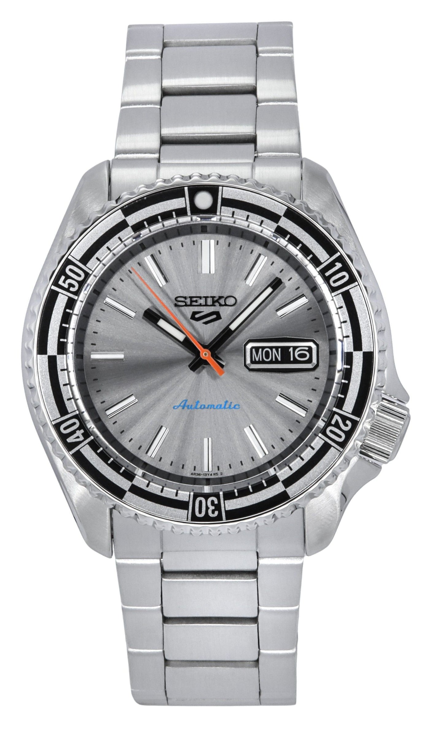 Seiko 5 Sports SKX Style Special Edition Stainless Steel. A brand-new Seiko 5 Sports watch featuring a Silver dial and a Stainless steel strap. Side view.