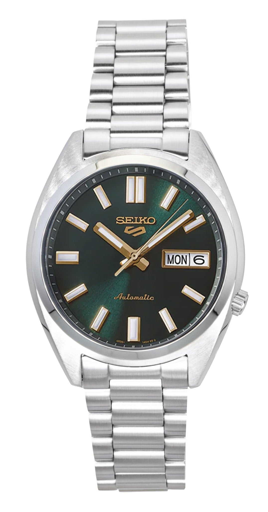 Seiko 5 Sports SNXS Stainless Steel Green Dial Automatic. A brand-new Seiko 5 Sports watch featuring a Green dial and a Stainless steel strap. Side view.