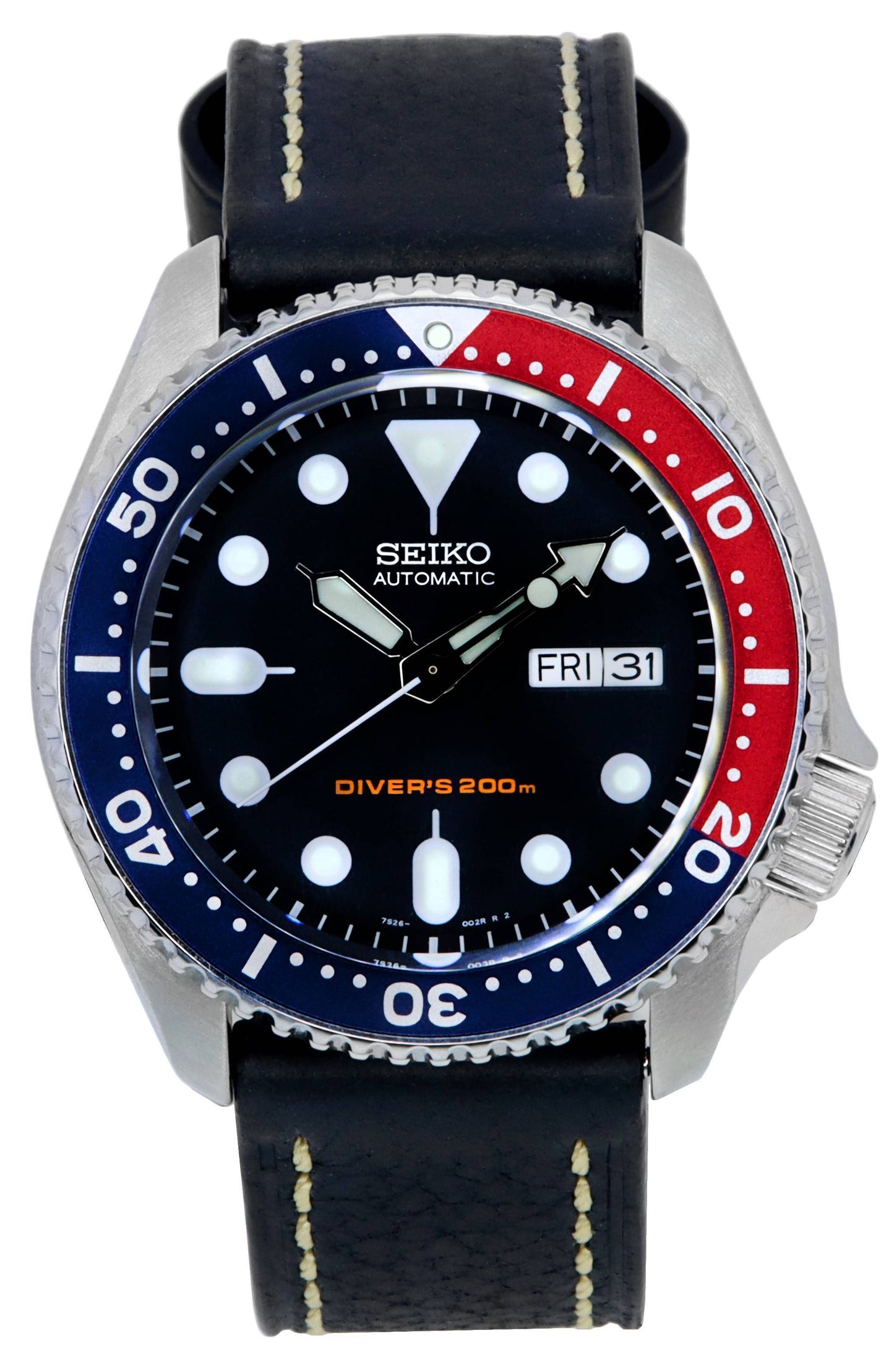 Seiko Automatic Diver's Ratio Black Leather 200M. A brand-new Seiko watch featuring a Leather strap. Angled view.