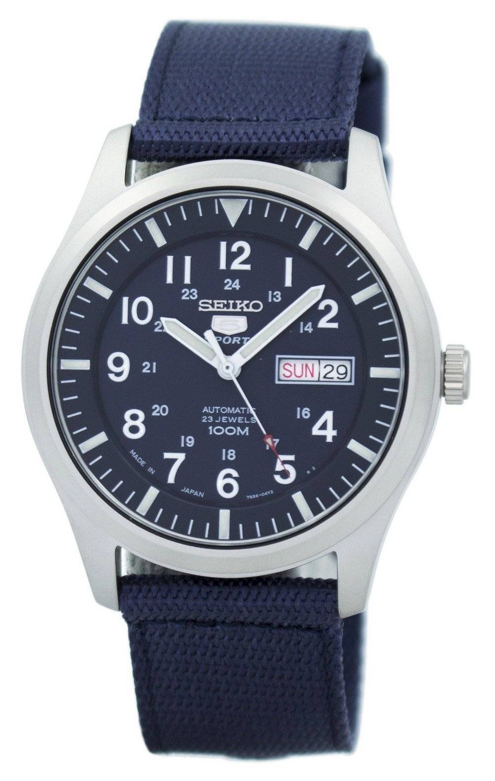 Seiko Automatic Sports SNZG11 SNZG11J Stainless Steel. A brand-new Seiko watch featuring a Nylon strap. Front view.