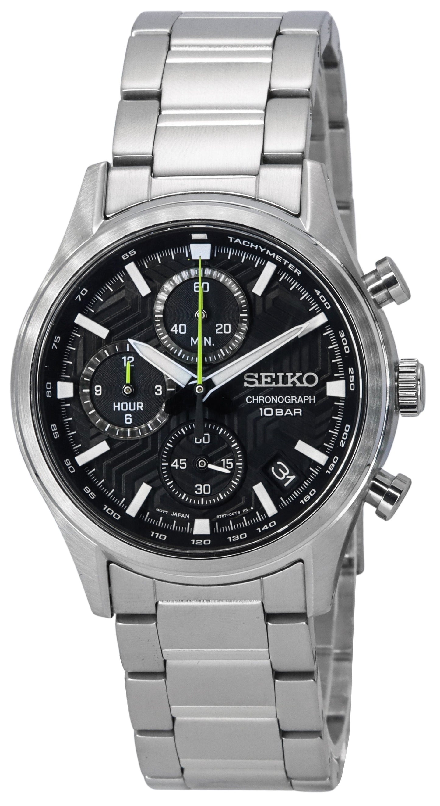 Seiko Conceptual Chronograph Black Dial Quartz 100M. A brand-new Seiko Conceptual watch featuring a Black dial and a Stainless steel strap. Angled view.