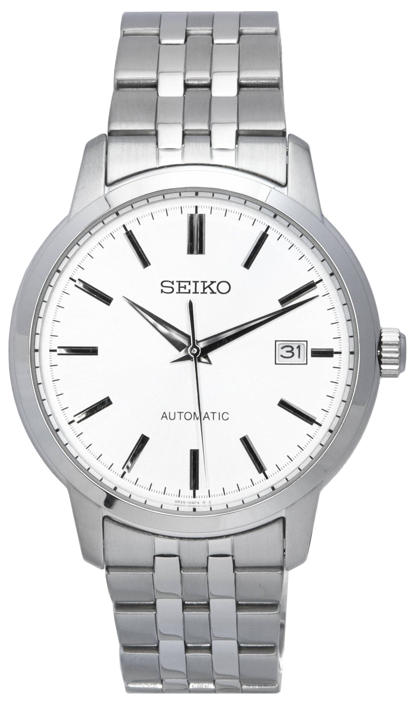 Seiko Discover More Stainless Steel Silver Dial Automatic. A brand-new Seiko Discover More watch featuring a Silver dial and a Stainless steel strap. Angled view.