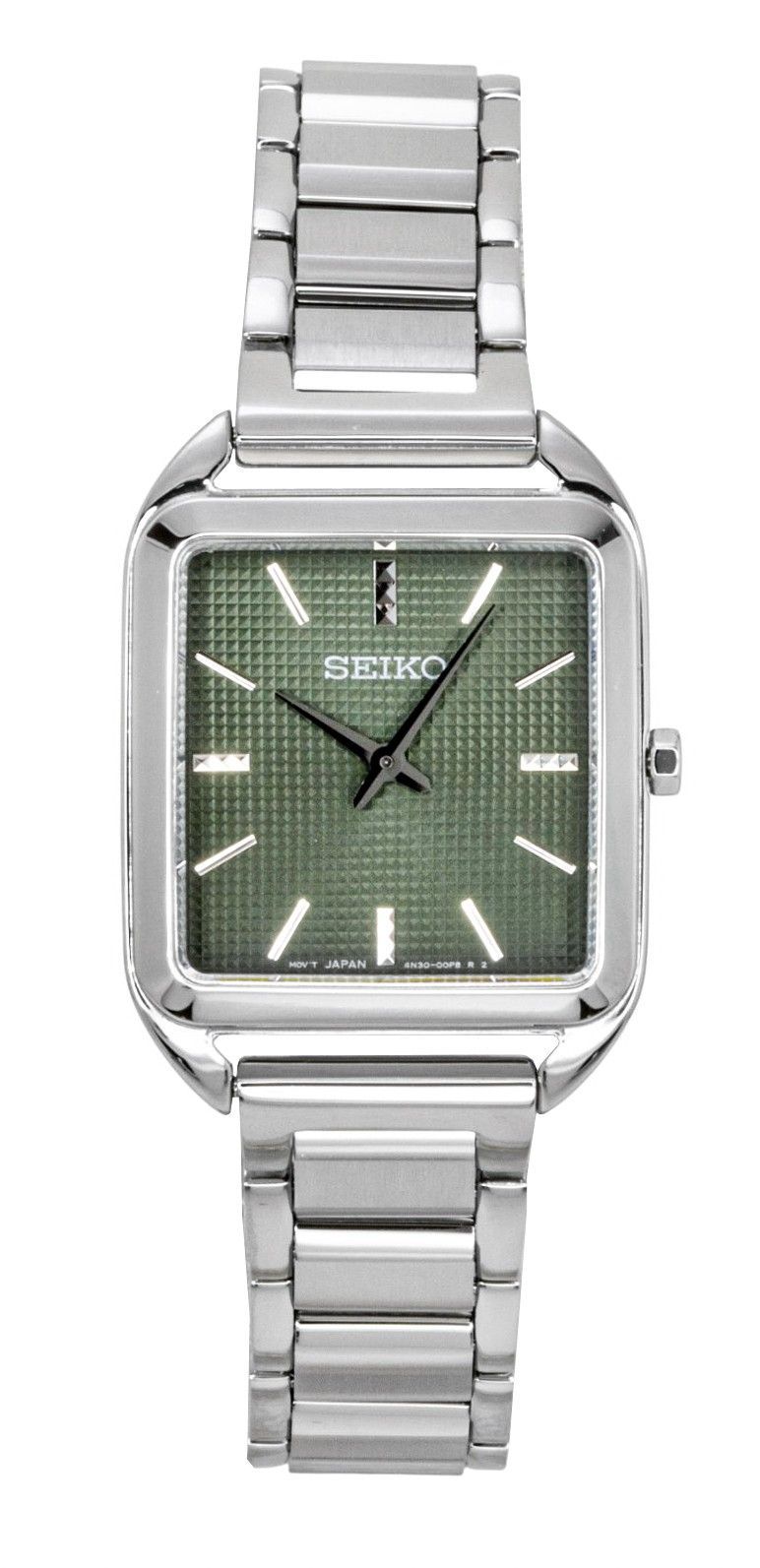 Seiko Essentials Stainless Steel Green Dial Quartz Wo. A brand-new Seiko watch featuring a Green dial and a Stainless steel strap. Front view.