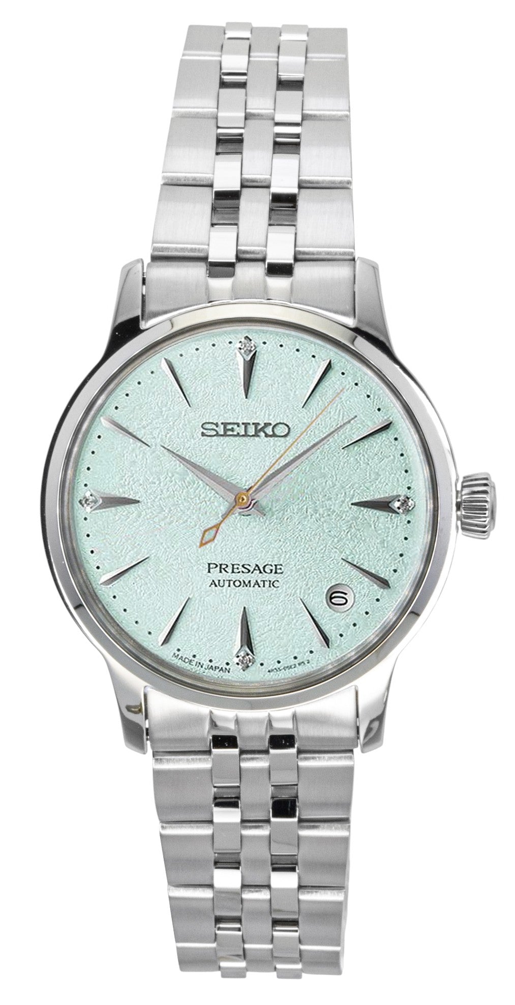 Seiko Presage Cocktail Diamond Accents Stainless Steel Mint. A brand-new Seiko Presage watch featuring a Green dial and a Stainless steel strap. Side view.