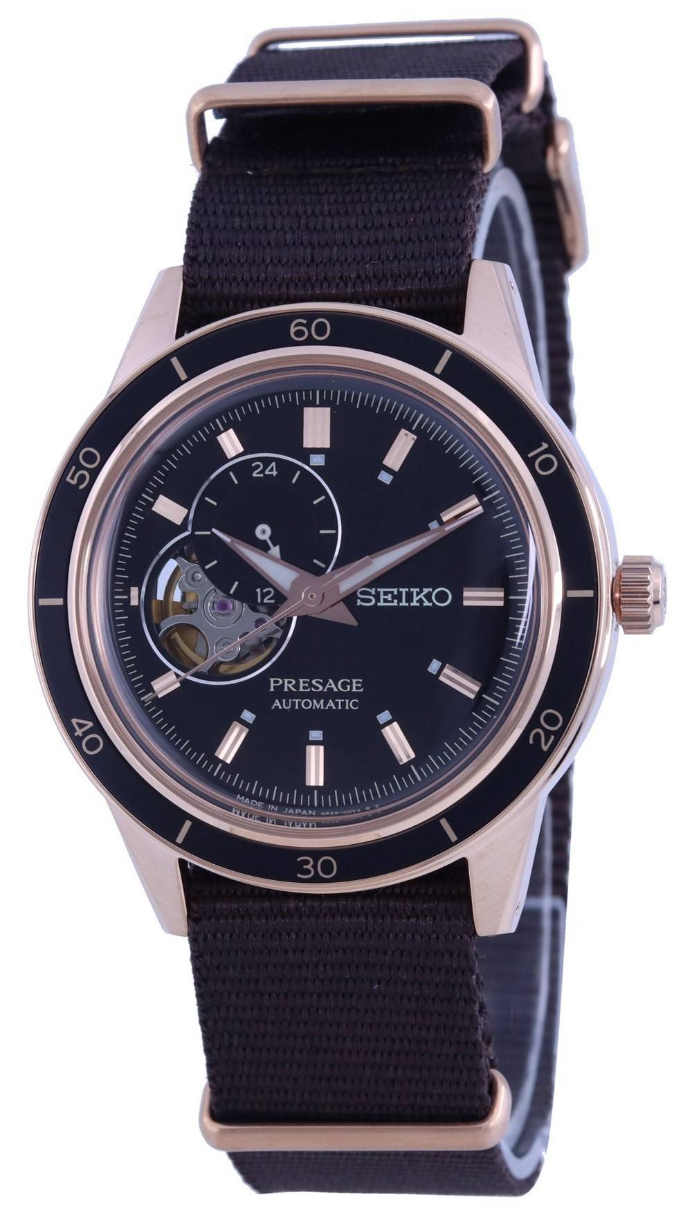 Seiko Presage Style 60's Open Heart Black Dial Automatic. A brand-new Seiko Presage watch featuring a Black dial and a Nylon strap. Angled view.