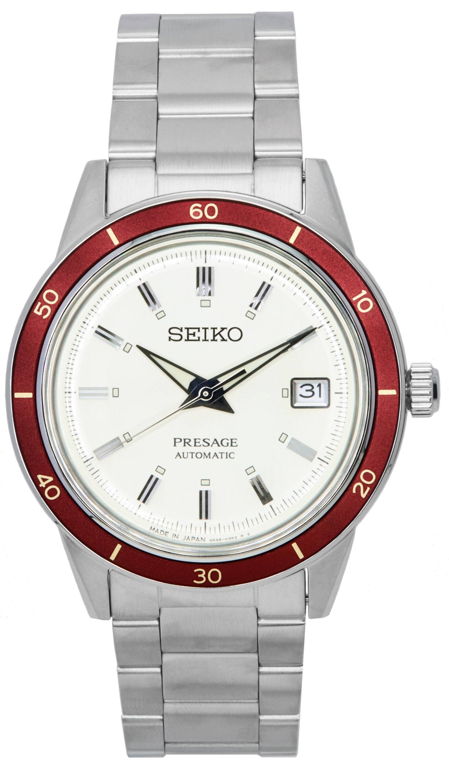 Seiko Presage Style60s White Dial Automatic SRPH93 SRPH93J. A brand-new Seiko Presage watch featuring a White dial and a Stainless steel strap. Front view.