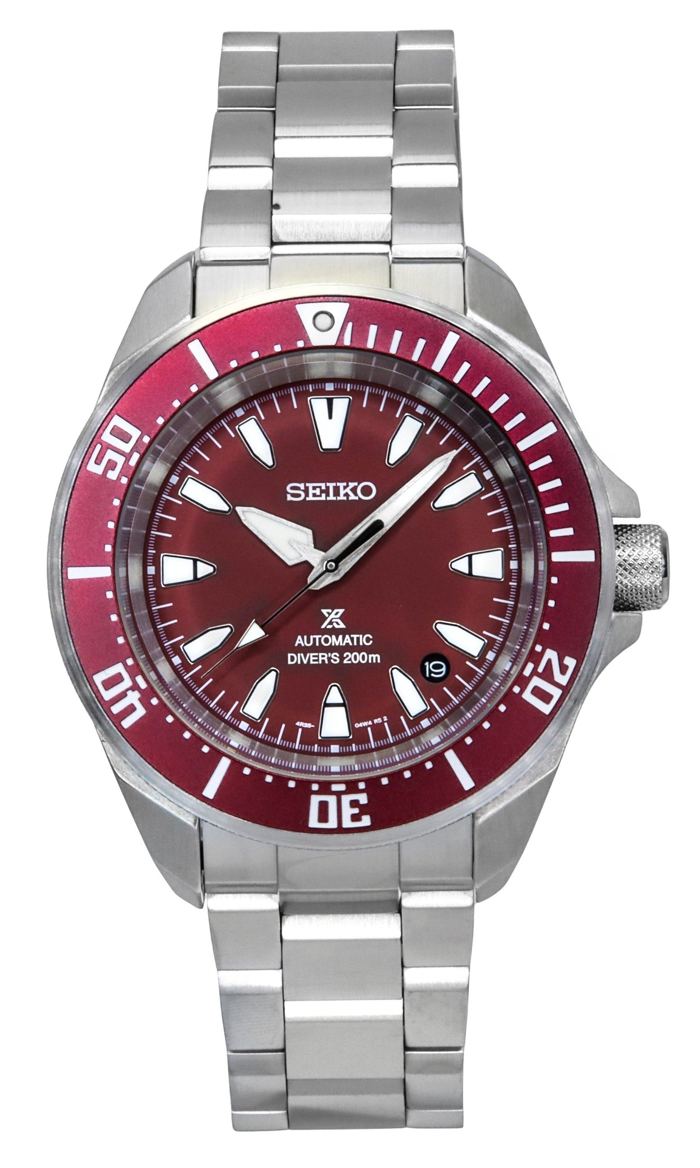 Seiko Prospex Sea Samurai Shog-urai Stainless Steel Red. A brand-new Seiko Prospex watch featuring a Red dial and a Stainless steel strap. Side view.