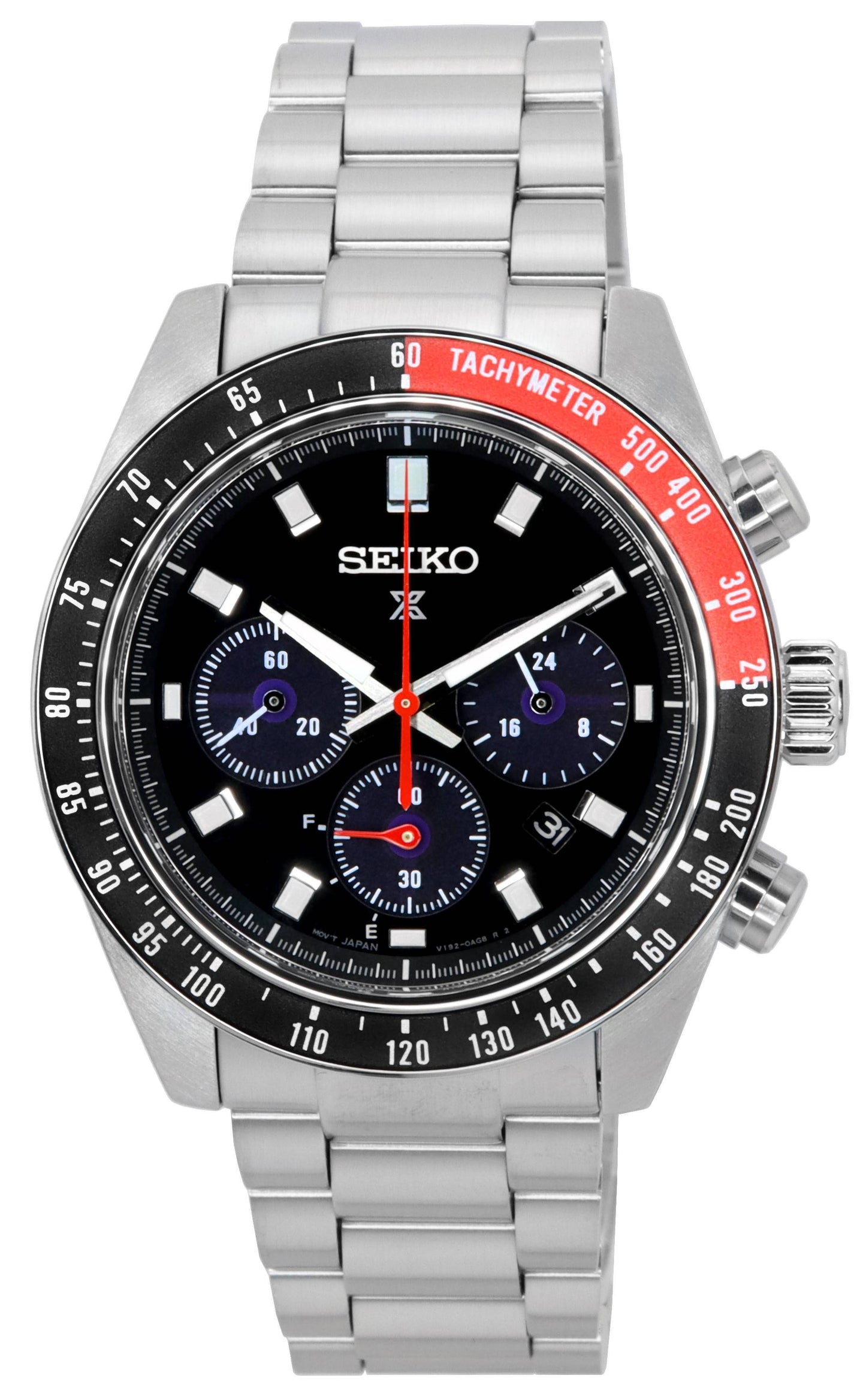 Seiko Prospex Speedtimer Go Large Solar Chronograph Black. A brand-new Seiko Prospex watch featuring a Black dial and a Stainless steel strap. Angled view.