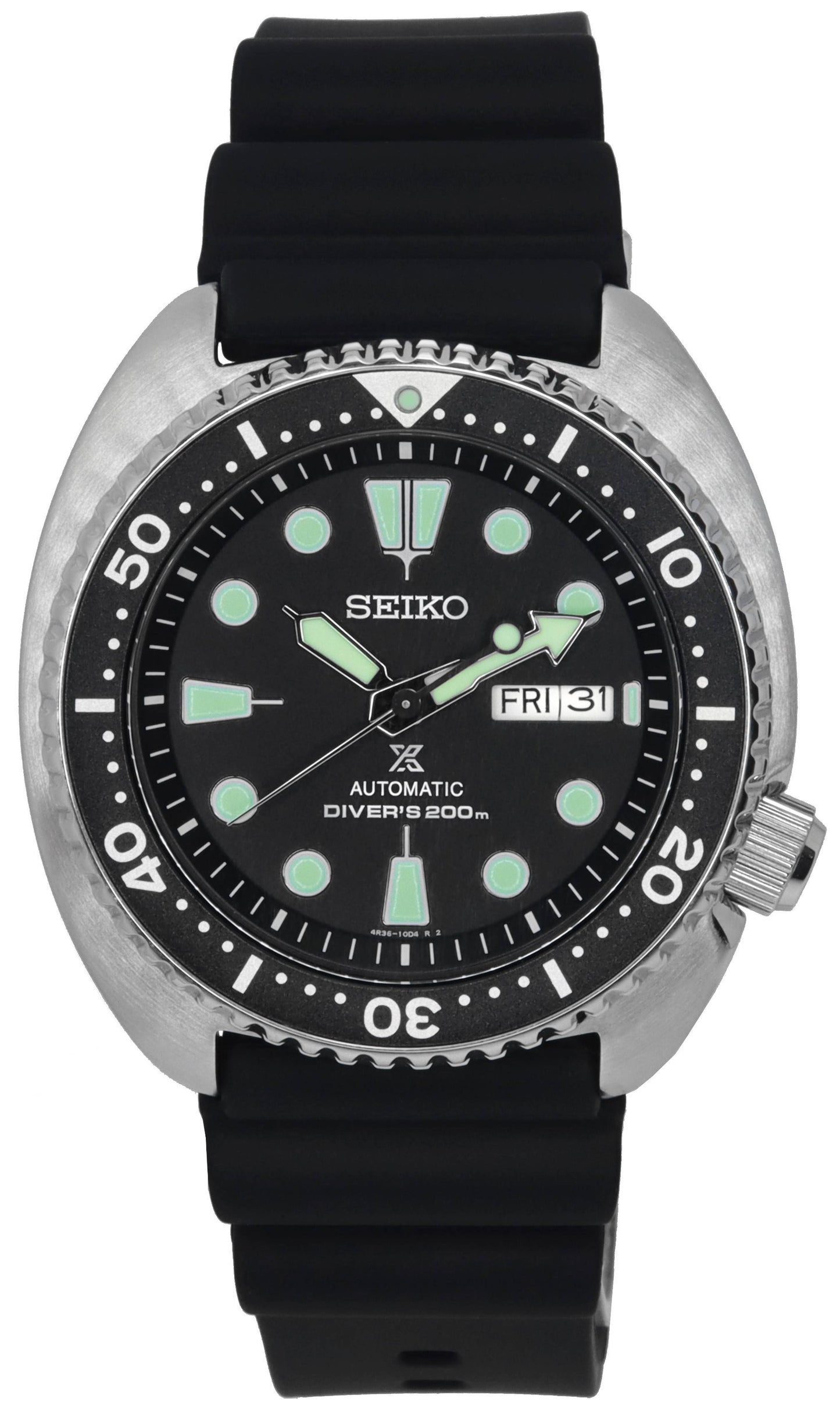 Seiko Prospex Turtle Automatic Diver's SRPE93 SRPE93K 200M. A brand-new Seiko Prospex watch featuring a Silicone strap. Side view.