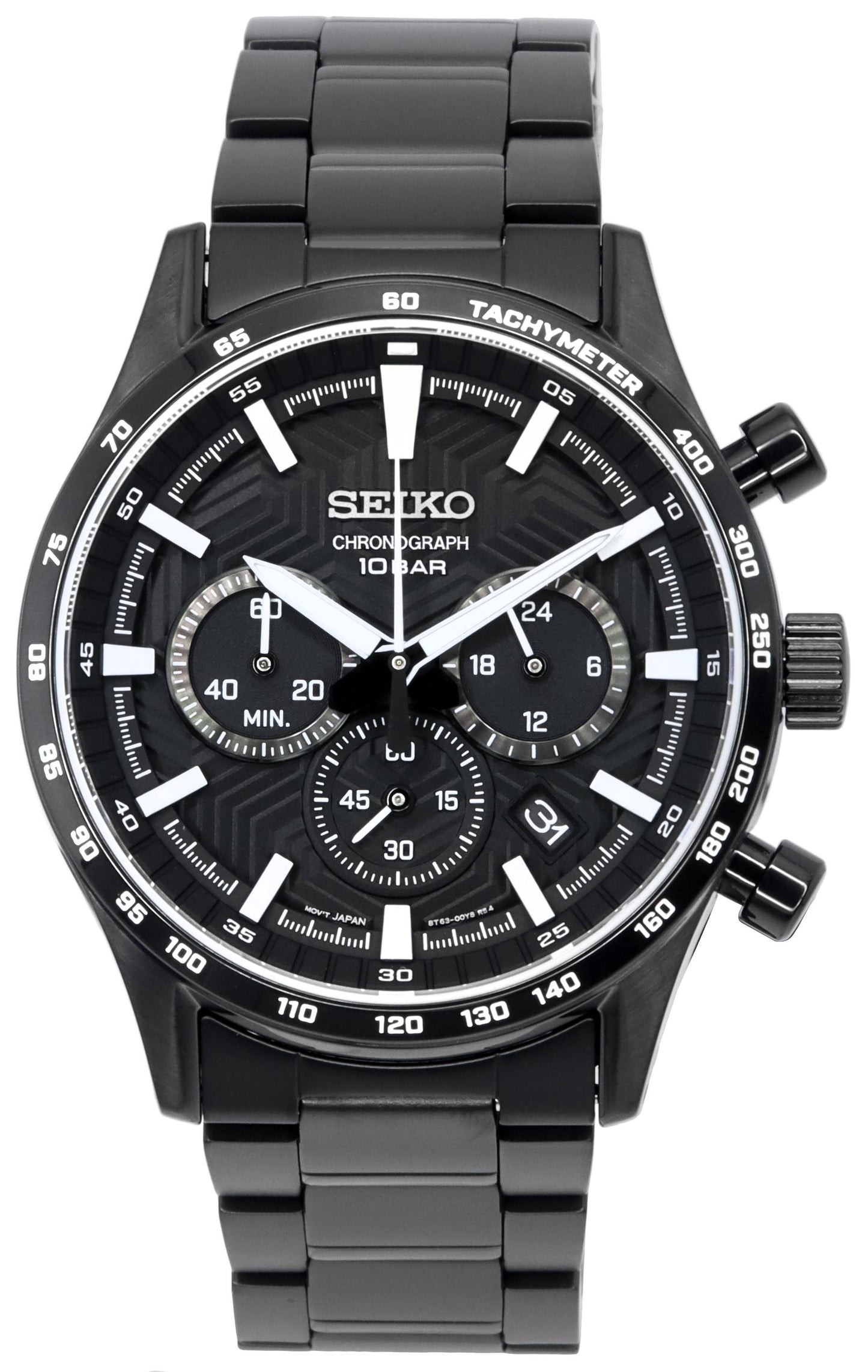 Seiko Urban Sports Chronograph Black Dial Quartz SSB415. A brand-new Seiko Urban Sports watch featuring a Black dial and a Stainless steel strap. Front view.