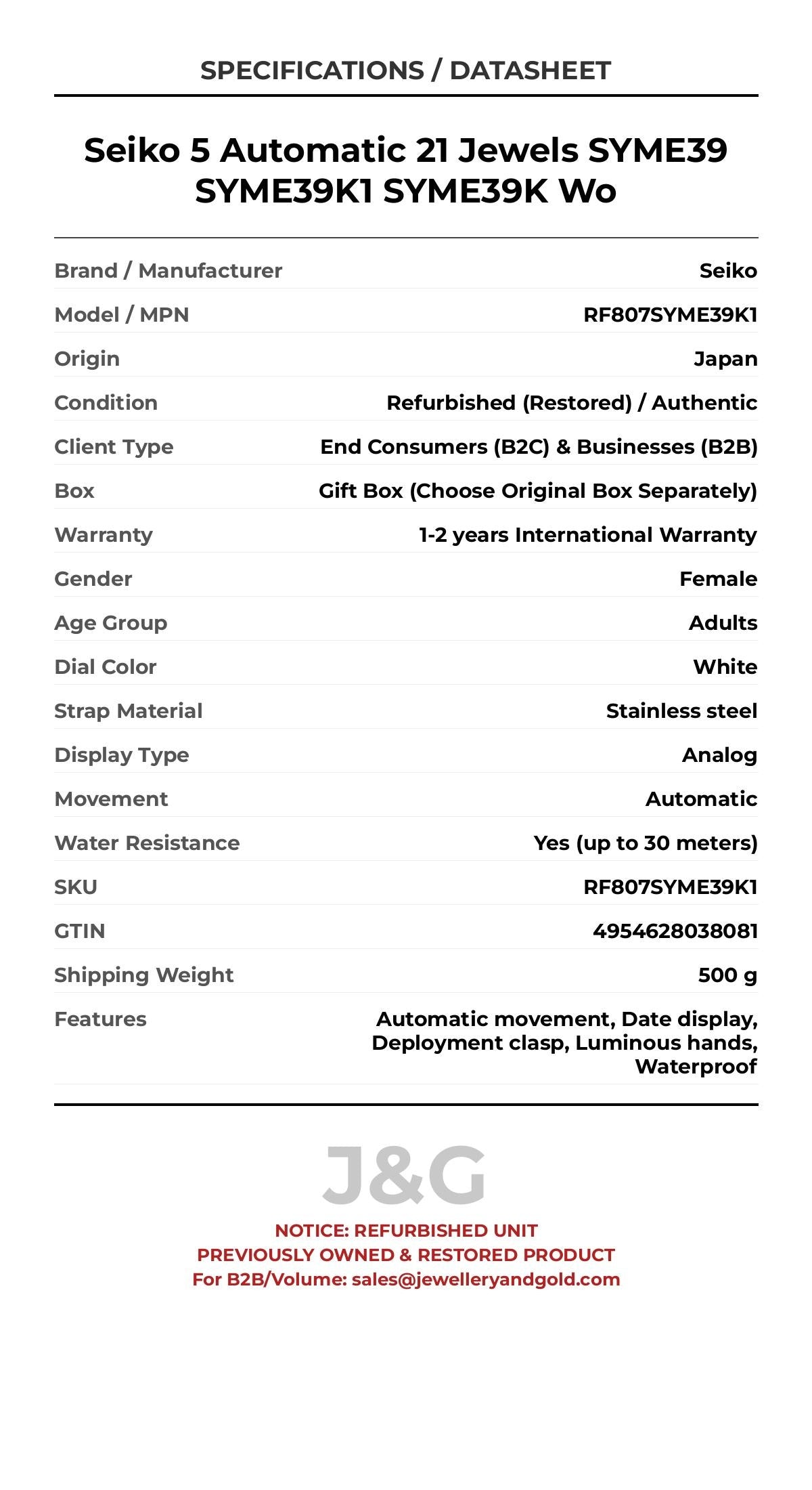 Seiko 5 Automatic 21 Jewels SYME39 SYME39K1 SYME39K Wo. A professionally refurbished Seiko watch featuring a White dial and a Stainless steel strap. Angled view. - MAIN_PH