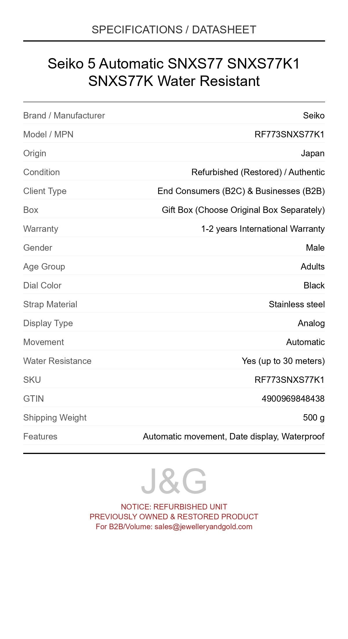 Seiko 5 Automatic SNXS77 SNXS77K1 SNXS77K Water Resistant. A professionally refurbished Seiko watch featuring a Black dial and a Stainless steel strap. Side view. - MAIN_PH