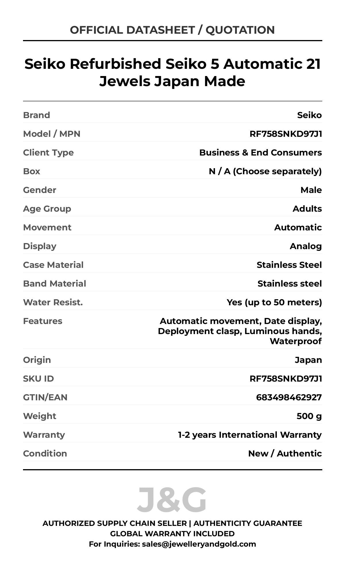 Seiko Refurbished Seiko 5 Automatic 21 Jewels Japan Made. A brand-new Seiko watch featuring a Stainless steel strap. Angled view. - DS_FINAL