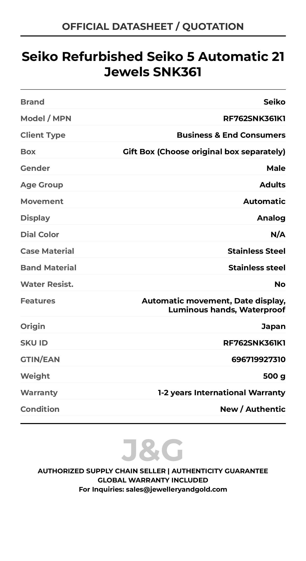 Seiko Refurbished Seiko 5 Automatic 21 Jewels SNK361. A brand-new Seiko watch featuring a N/A dial and a Stainless steel strap. Front view. - MAIN_PH