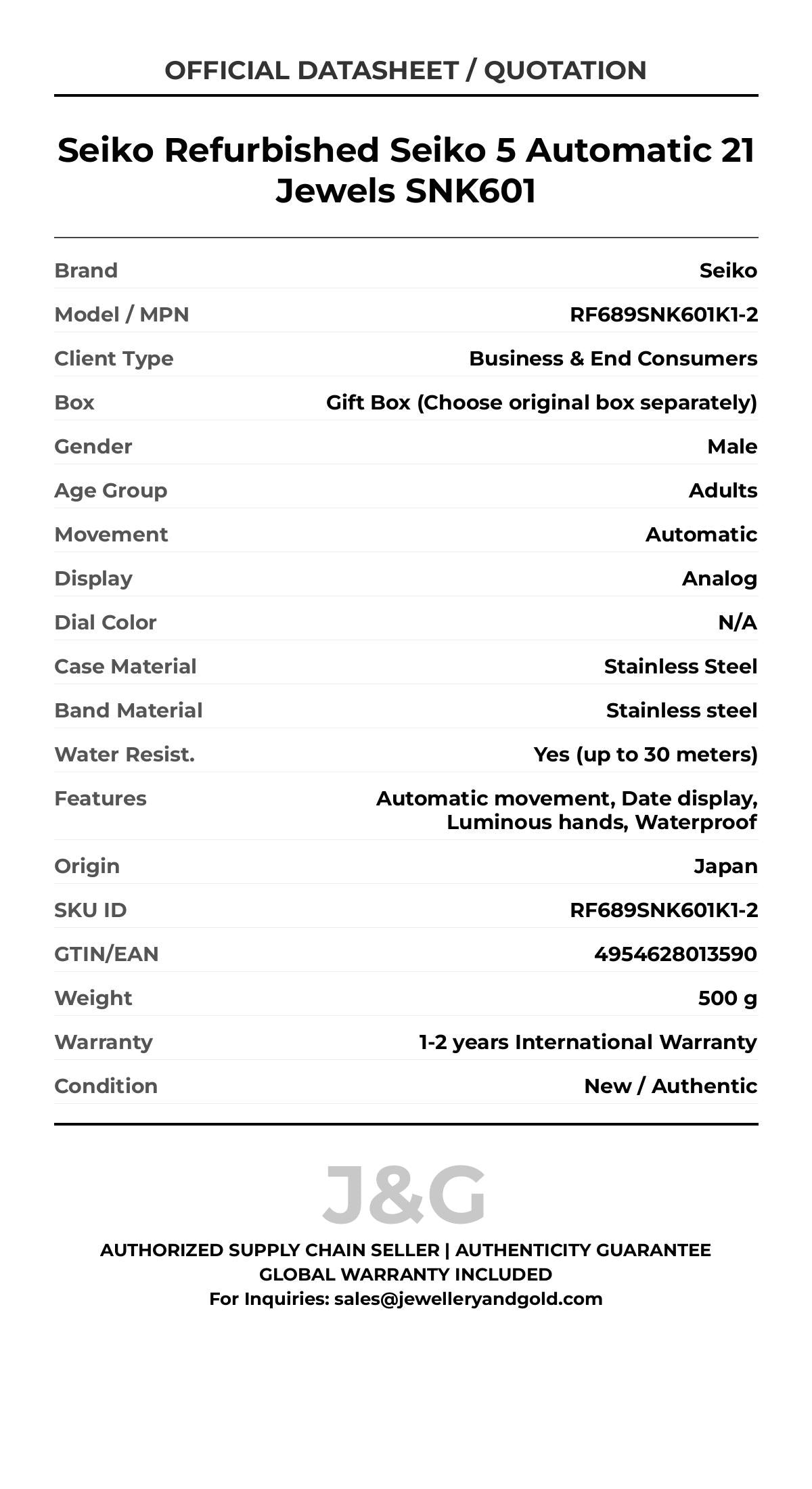 Seiko Refurbished Seiko 5 Automatic 21 Jewels SNK601. A brand-new Seiko watch featuring a N/A dial and a Stainless steel strap. Angled view. - MAIN_PH