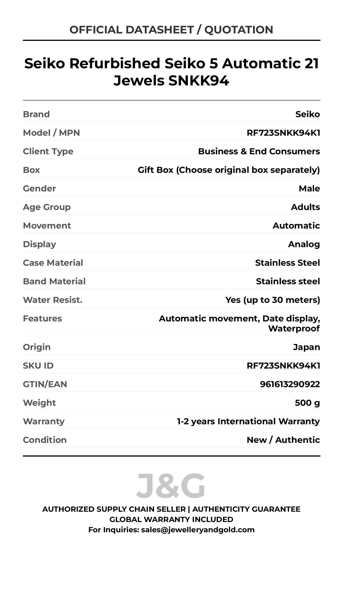 Seiko Refurbished Seiko 5 Automatic 21 Jewels SNKK94. A brand-new Seiko watch featuring a Stainless steel strap. Side view. - MAIN_PH