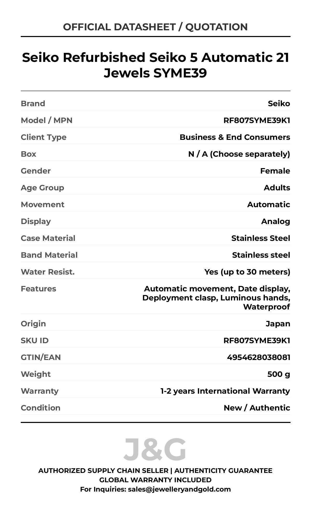 Seiko Refurbished Seiko 5 Automatic 21 Jewels SYME39. A brand-new Seiko watch featuring a Stainless steel strap. Front view. - DS_FINAL