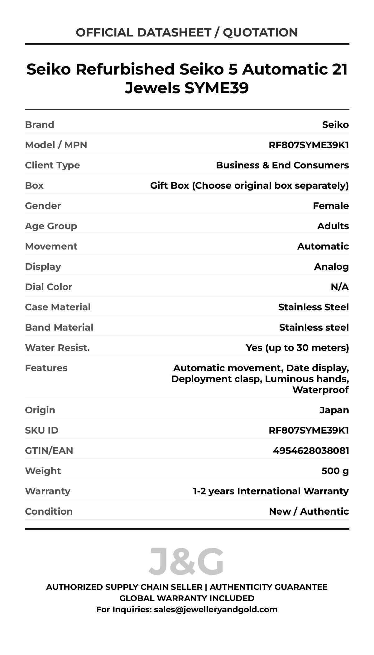 Seiko Refurbished Seiko 5 Automatic 21 Jewels SYME39. A brand-new Seiko watch featuring a N/A dial and a Stainless steel strap. Angled view. - MAIN_PH