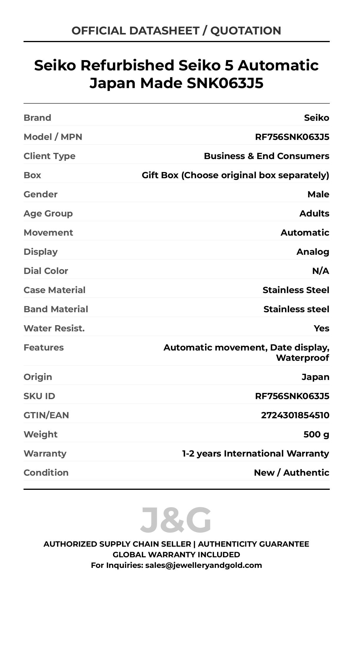Seiko Refurbished Seiko 5 Automatic Japan Made SNK063J5. A brand-new Seiko watch featuring a N/A dial and a Stainless steel strap. Angled view. - MAIN_PH