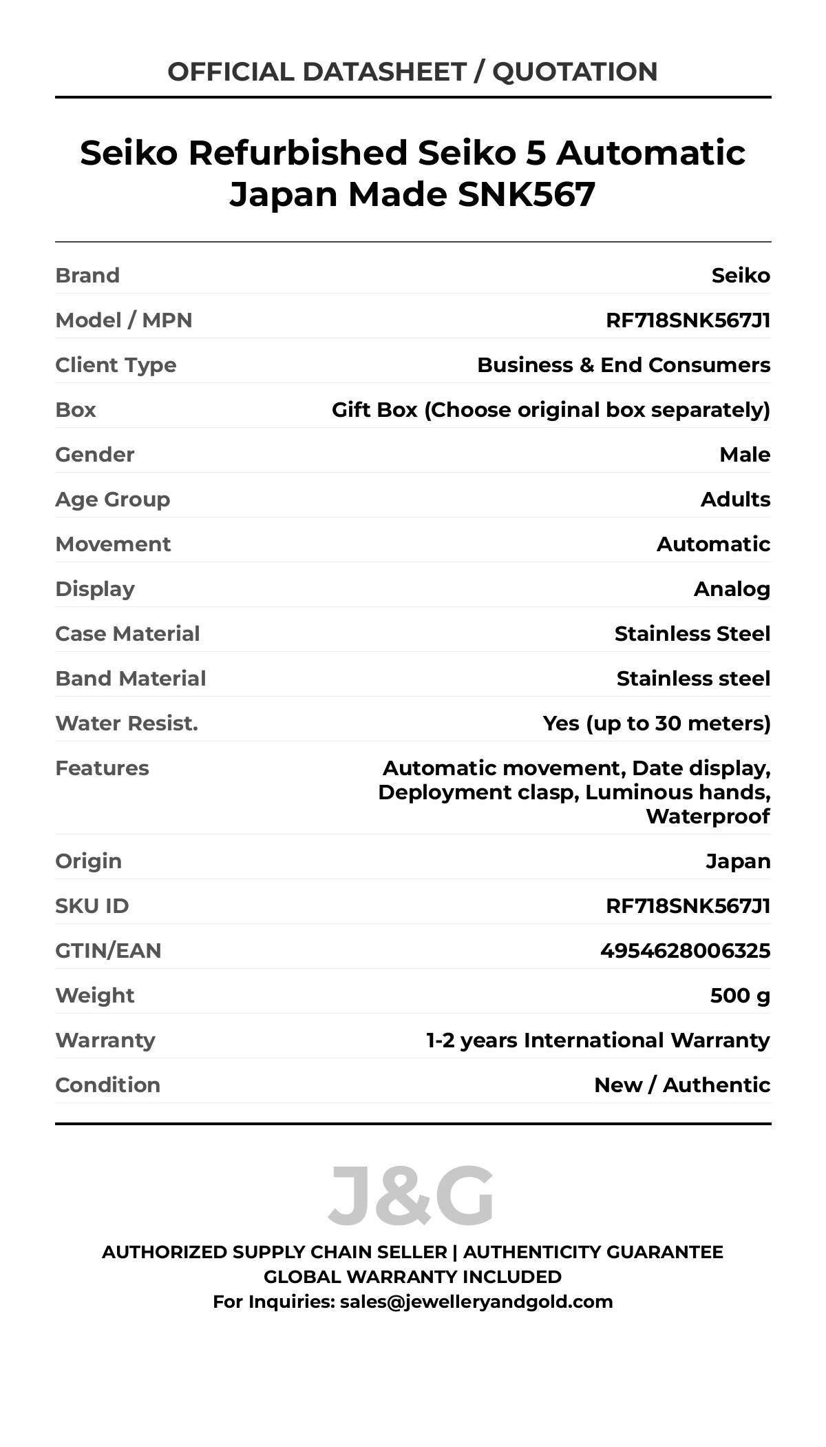 Seiko Refurbished Seiko 5 Automatic Japan Made SNK567. A brand-new Seiko watch featuring a Stainless steel strap. Angled view. - MAIN_PH