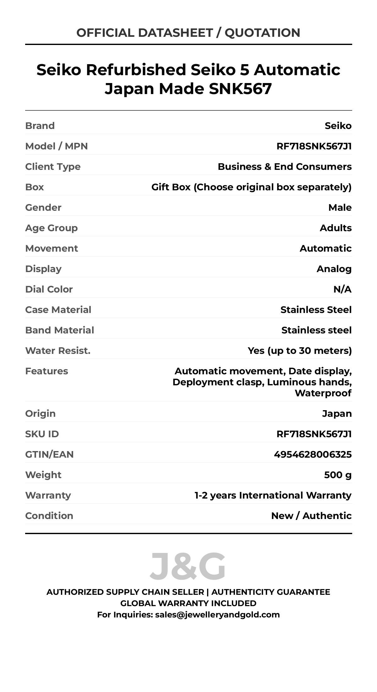Seiko Refurbished Seiko 5 Automatic Japan Made SNK567. A brand-new Seiko watch featuring a N/A dial and a Stainless steel strap. Side view. - MAIN_PH