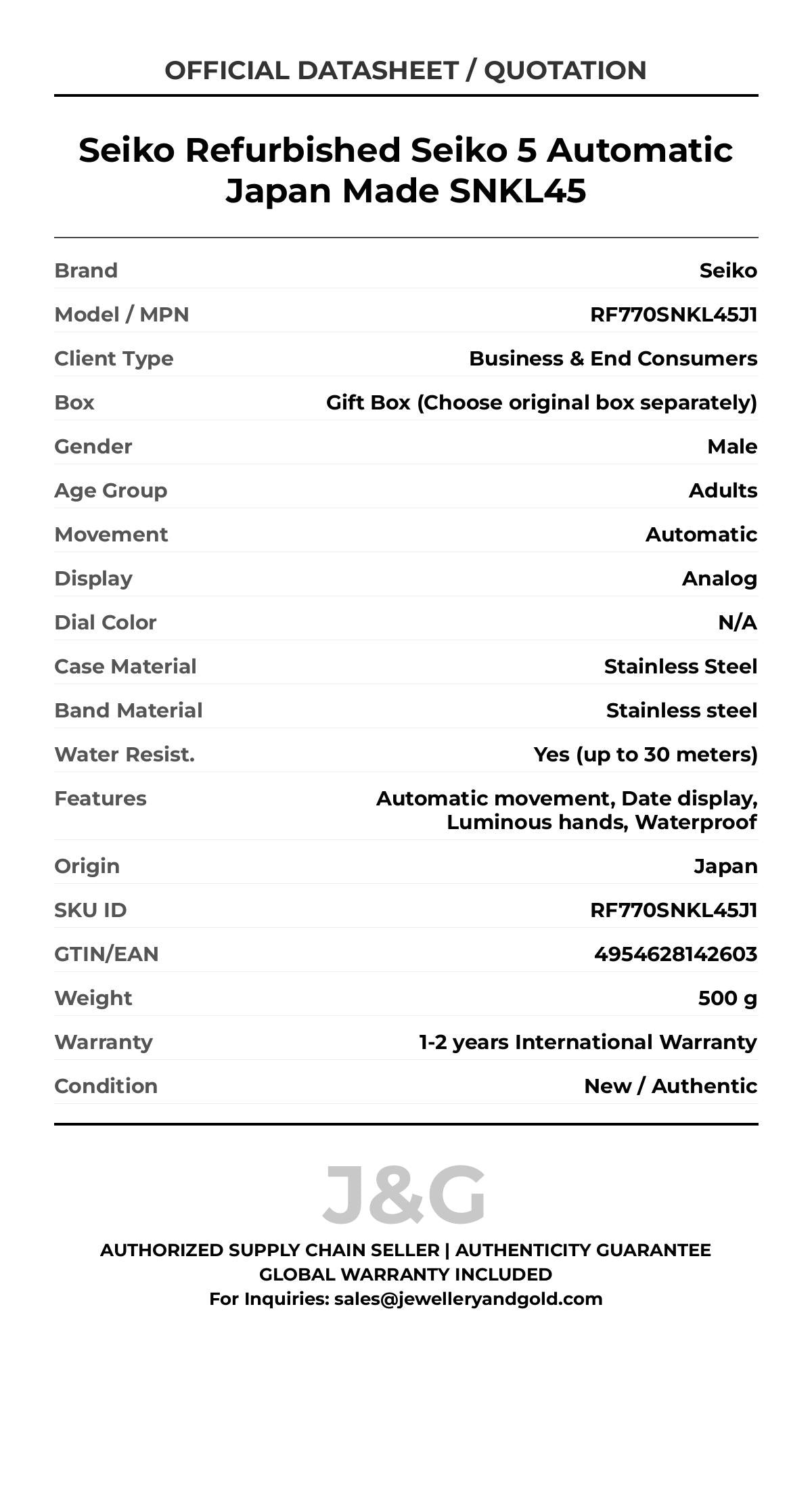Seiko Refurbished Seiko 5 Automatic Japan Made SNKL45. A brand-new Seiko watch featuring a N/A dial and a Stainless steel strap. Angled view. - MAIN_PH