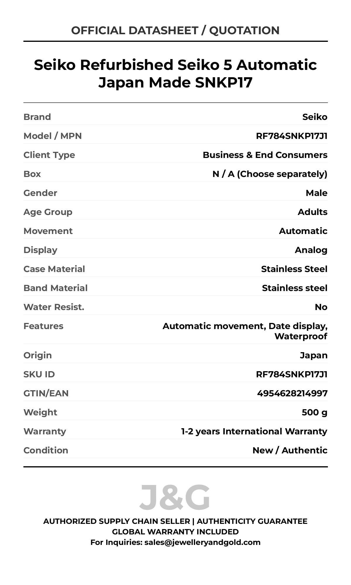 Seiko Refurbished Seiko 5 Automatic Japan Made SNKP17. A brand-new Seiko watch featuring a Stainless steel strap. Front view. - DS_FINAL