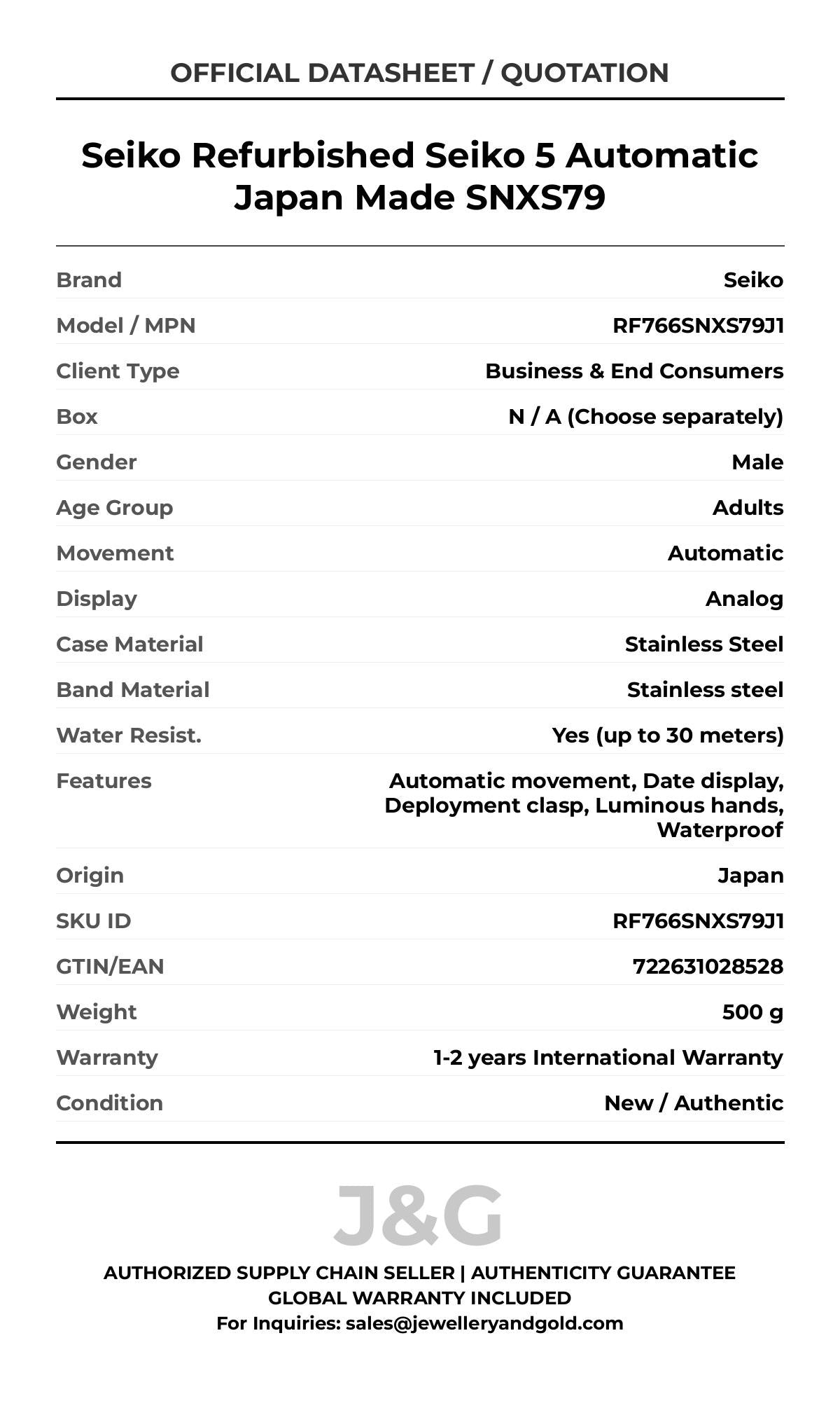 Seiko Refurbished Seiko 5 Automatic Japan Made SNXS79. A brand-new Seiko watch featuring a Stainless steel strap. Angled view. - DS_FINAL