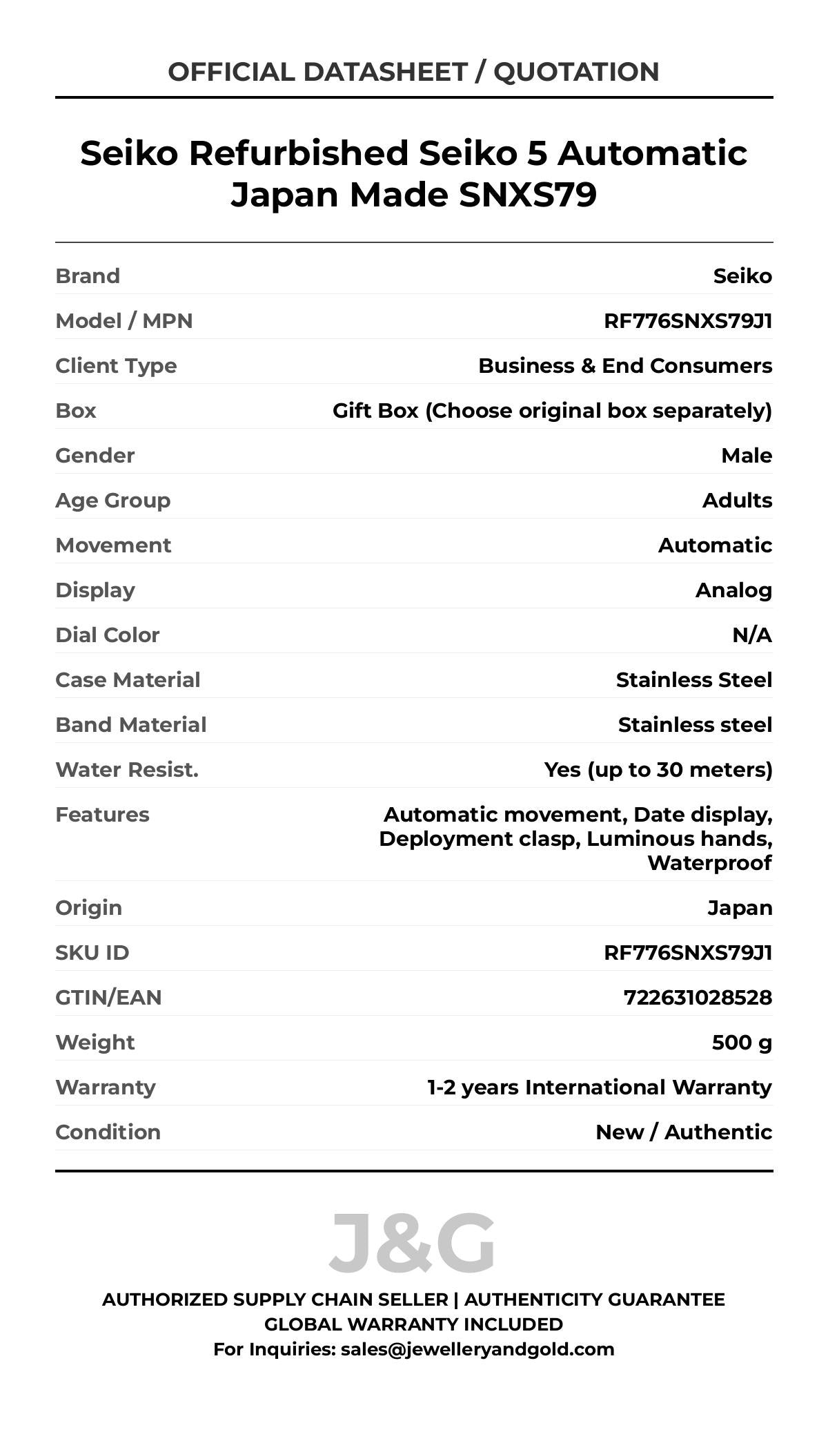 Seiko Refurbished Seiko 5 Automatic Japan Made SNXS79. A brand-new Seiko watch featuring a N/A dial and a Stainless steel strap. Side view. - MAIN_PH