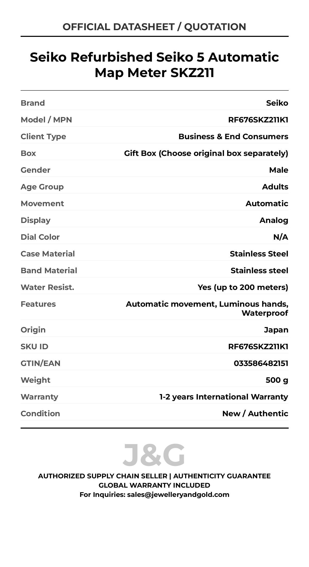 Seiko Refurbished Seiko 5 Automatic Map Meter SKZ211. A brand-new Seiko watch featuring a N/A dial and a Stainless steel strap. Angled view. - MAIN_PH