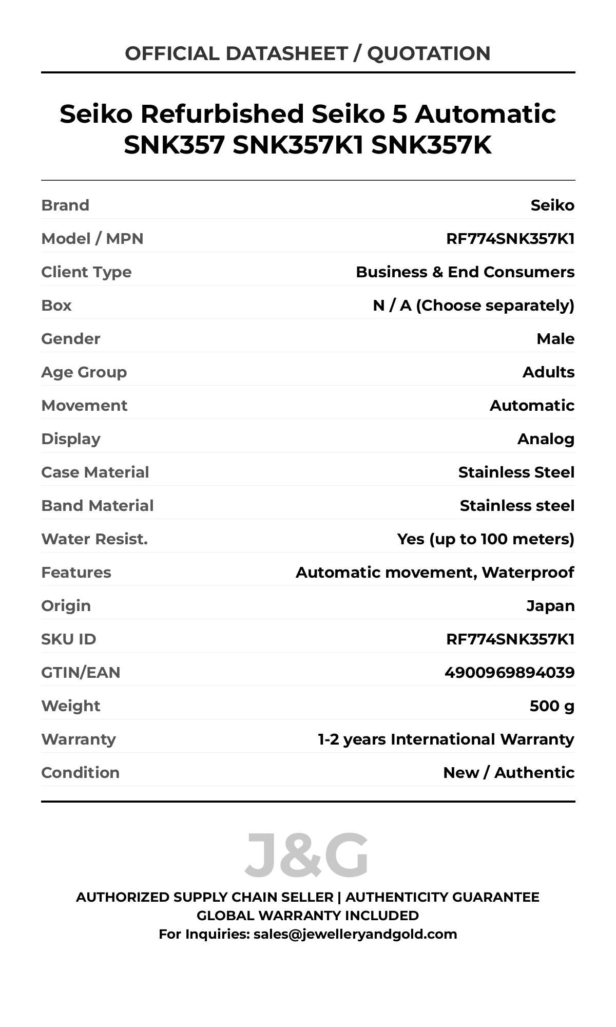 Seiko Refurbished Seiko 5 Automatic SNK357 SNK357K1 SNK357K. A brand-new Seiko watch featuring a Stainless steel strap. Angled view. - DS_FINAL