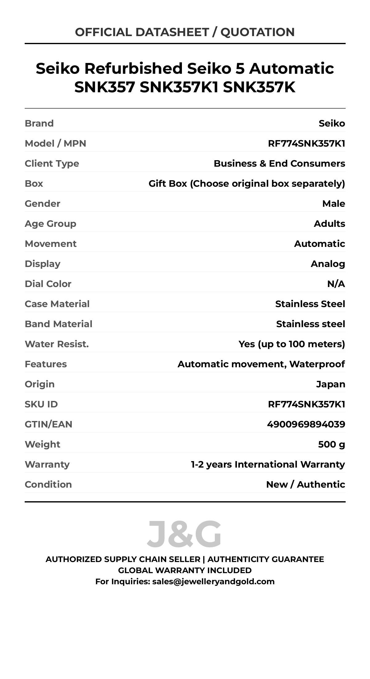 Seiko Refurbished Seiko 5 Automatic SNK357 SNK357K1 SNK357K. A brand-new Seiko watch featuring a N/A dial and a Stainless steel strap. Front view. - MAIN_PH