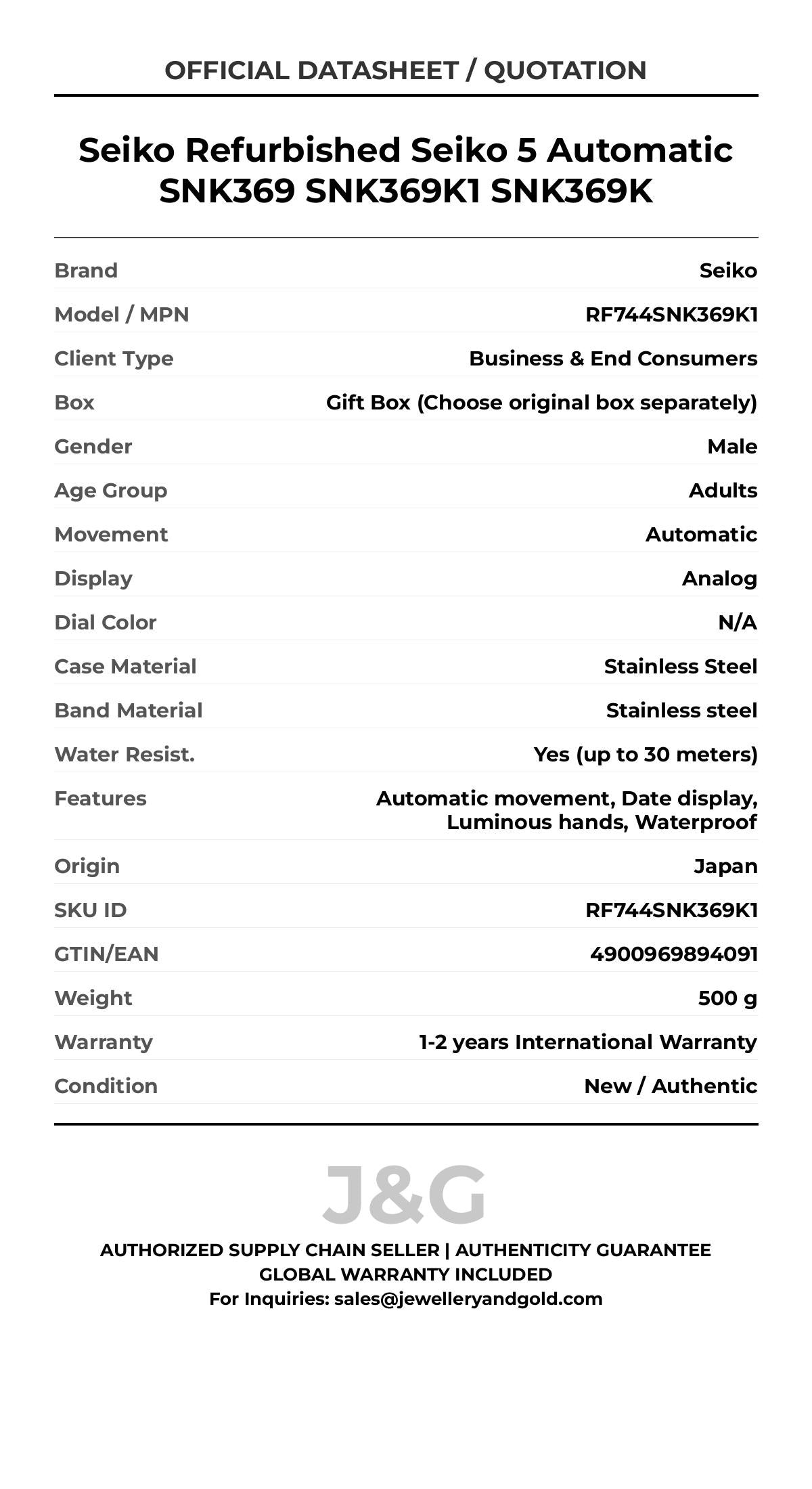 Seiko Refurbished Seiko 5 Automatic SNK369 SNK369K1 SNK369K. A brand-new Seiko watch featuring a N/A dial and a Stainless steel strap. Angled view. - MAIN_PH