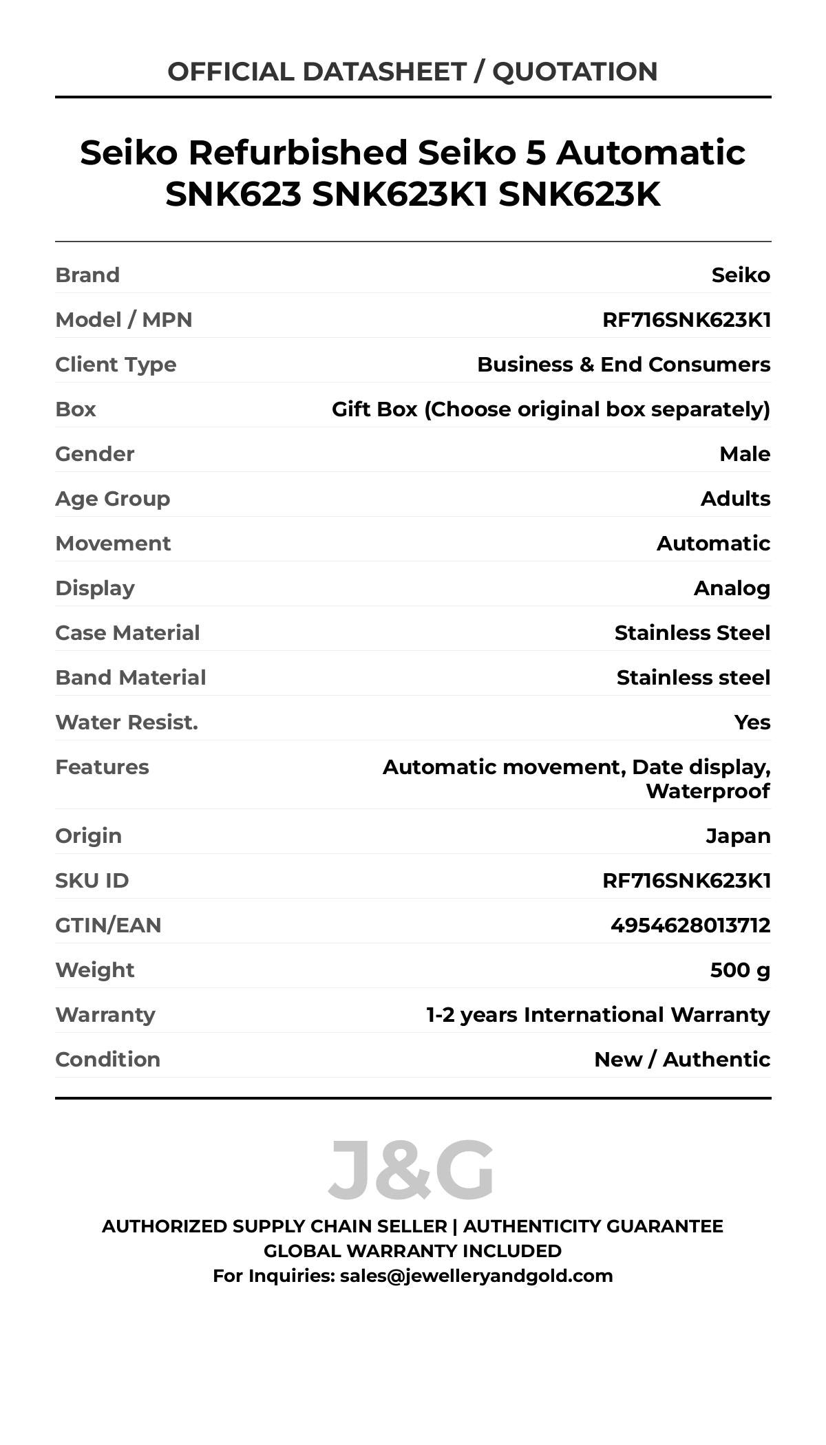 Seiko Refurbished Seiko 5 Automatic SNK623 SNK623K1 SNK623K. A brand-new Seiko watch featuring a Stainless steel strap. Front view. - MAIN_PH