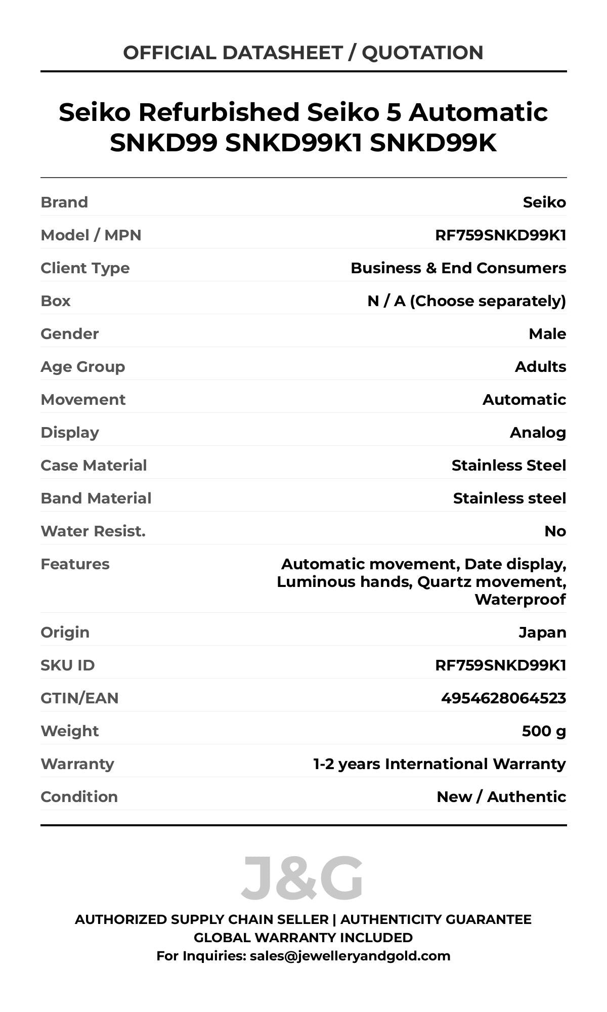 Seiko Refurbished Seiko 5 Automatic SNKD99 SNKD99K1 SNKD99K. A brand-new Seiko watch featuring a Stainless steel strap. Angled view. - DS_FINAL