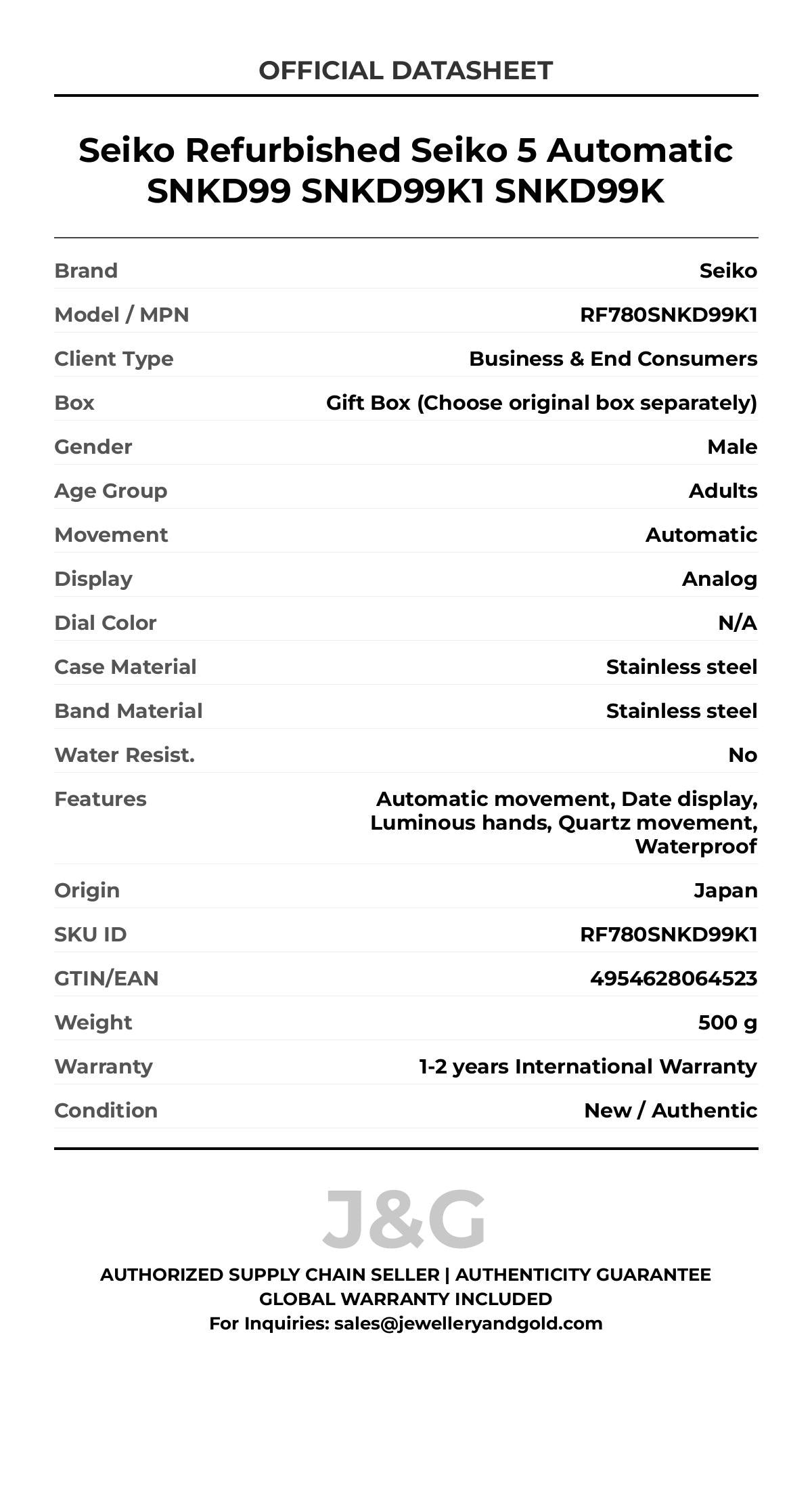 Seiko Refurbished Seiko 5 Automatic SNKD99 SNKD99K1 SNKD99K. A brand-new Seiko watch featuring a N/A dial and a Stainless steel strap. Side view. - MAIN_PH