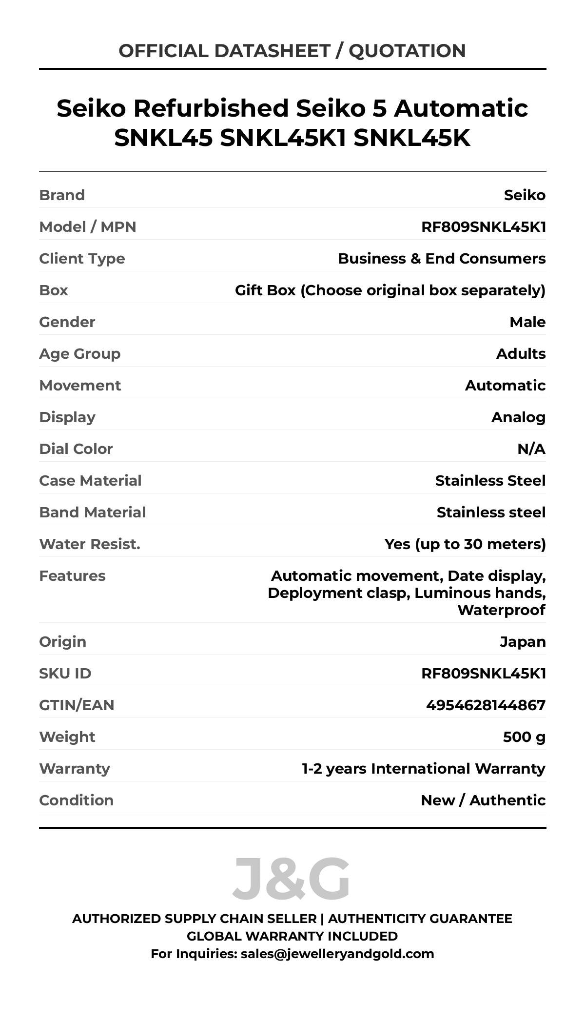 Seiko Refurbished Seiko 5 Automatic SNKL45 SNKL45K1 SNKL45K. A brand-new Seiko watch featuring a N/A dial and a Stainless steel strap. Front view. - MAIN_PH
