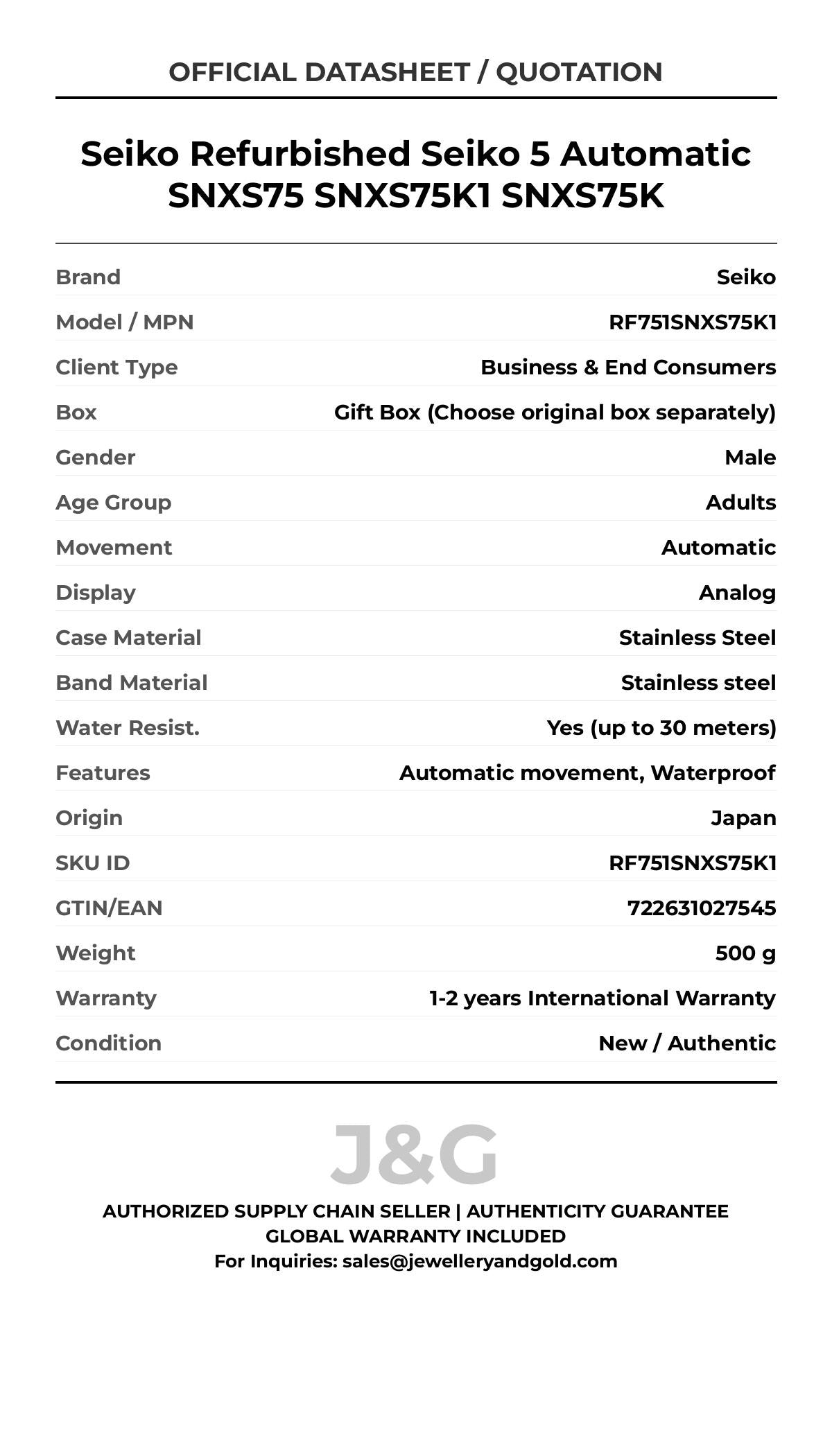 Seiko Refurbished Seiko 5 Automatic SNXS75 SNXS75K1 SNXS75K. A brand-new Seiko watch featuring a Stainless steel strap. Angled view. - MAIN_PH