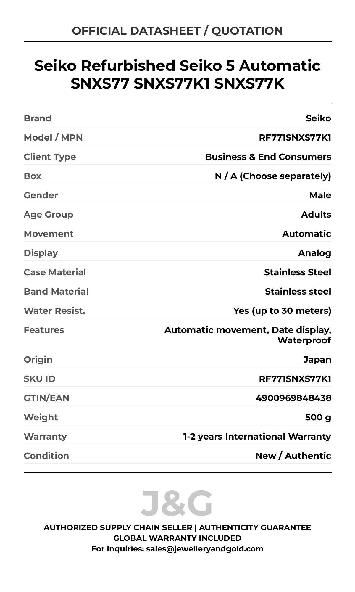Seiko Refurbished Seiko 5 Automatic SNXS77 SNXS77K1 SNXS77K. A brand-new Seiko watch featuring a Stainless steel strap. Side view. - DS_FINAL