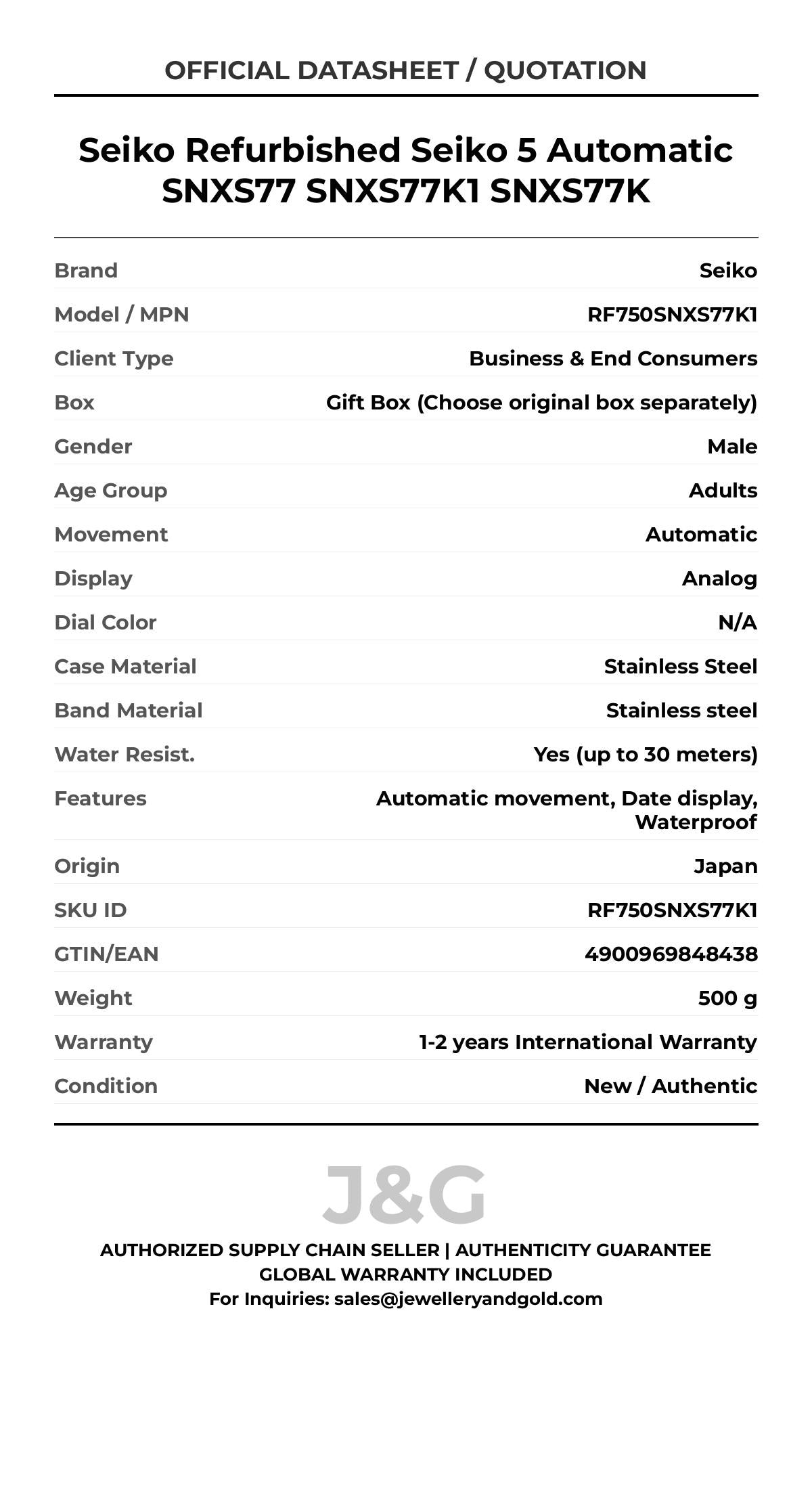 Seiko Refurbished Seiko 5 Automatic SNXS77 SNXS77K1 SNXS77K. A brand-new Seiko watch featuring a N/A dial and a Stainless steel strap. Side view. - MAIN_PH