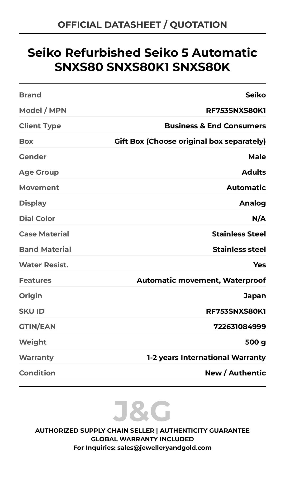 Seiko Refurbished Seiko 5 Automatic SNXS80 SNXS80K1 SNXS80K. A brand-new Seiko watch featuring a N/A dial and a Stainless steel strap. Front view. - MAIN_PH