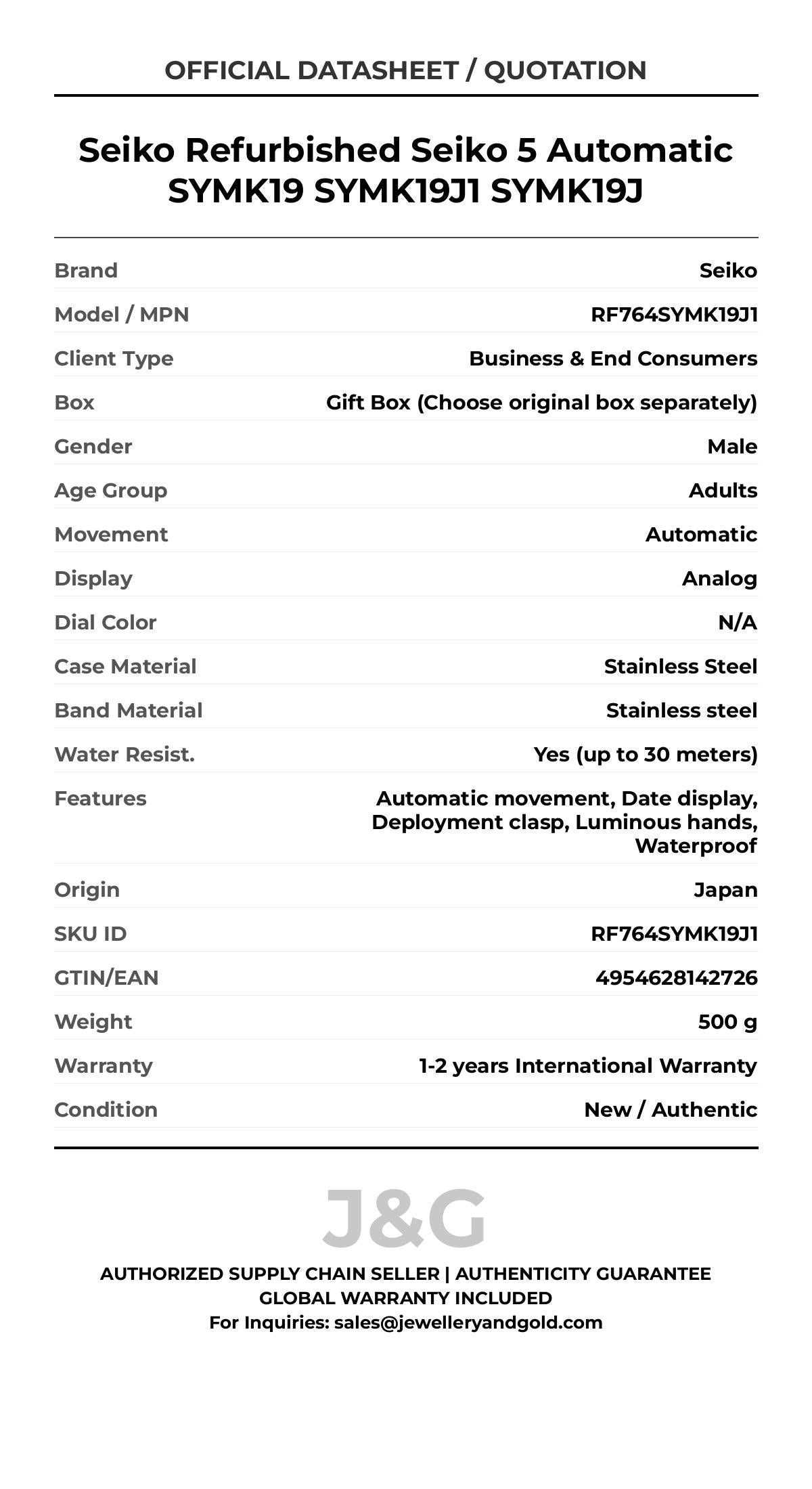Seiko Refurbished Seiko 5 Automatic SYMK19 SYMK19J1 SYMK19J. A brand-new Seiko watch featuring a N/A dial and a Stainless steel strap. Front view. - MAIN_PH
