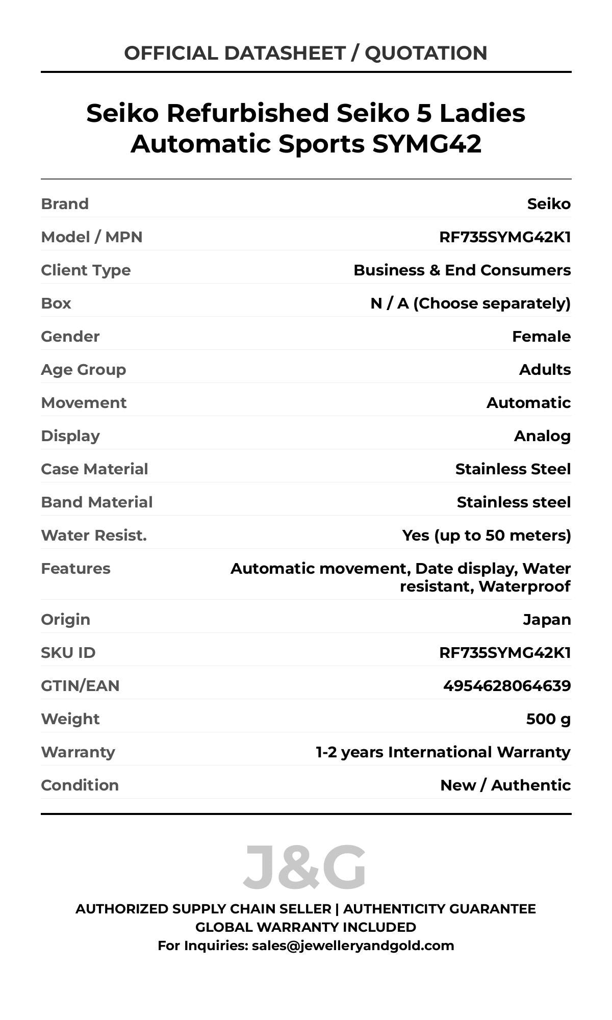 Seiko Refurbished Seiko 5 Ladies Automatic Sports SYMG42. A brand-new Seiko watch featuring a Stainless steel strap. Front view. - DS_FINAL