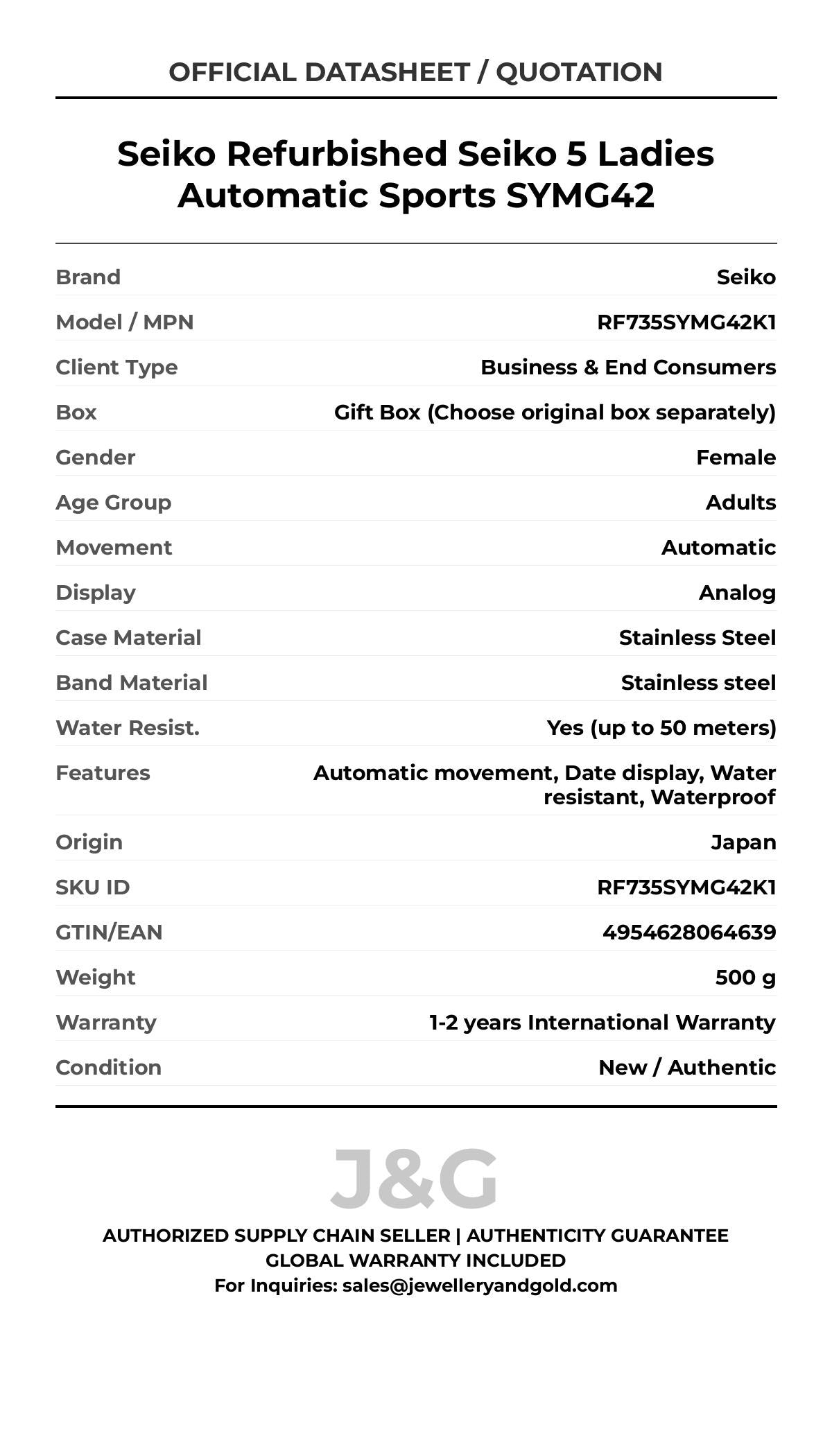 Seiko Refurbished Seiko 5 Ladies Automatic Sports SYMG42. A brand-new Seiko watch featuring a Stainless steel strap. Side view. - MAIN_PH